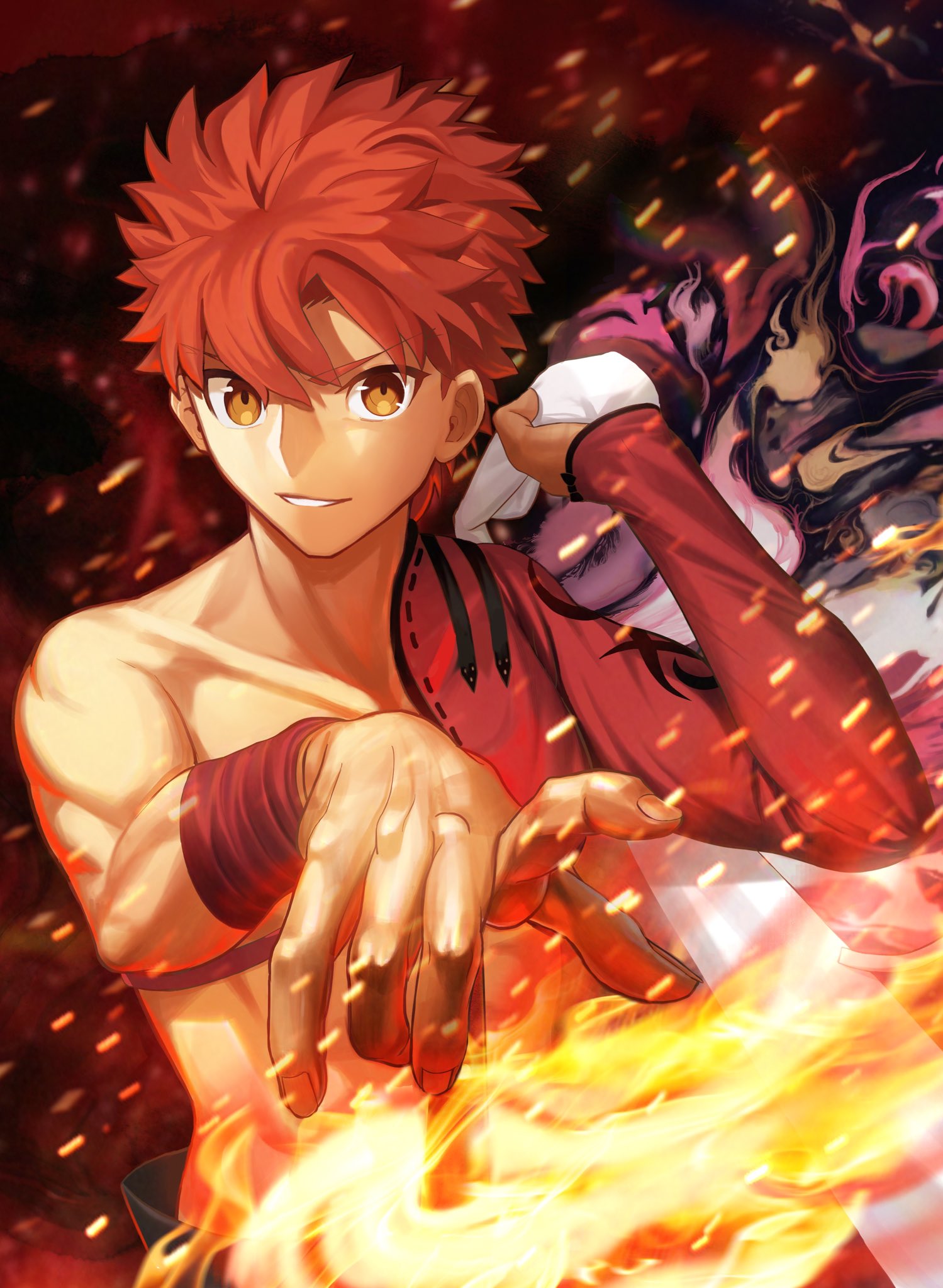 1boy cape cover cover_page emiya_shirou english_text eyebrows_visible_through_hair fate/grand_order fate_(series) highres holding holding_cape holding_clothes igote japanese_clothes looking_at_viewer male_focus moto_(otemoto02) orange_hair revealing_clothes senji_muramasa_(fate) single_bare_shoulder smile solo textless toned toned_male yellow_eyes