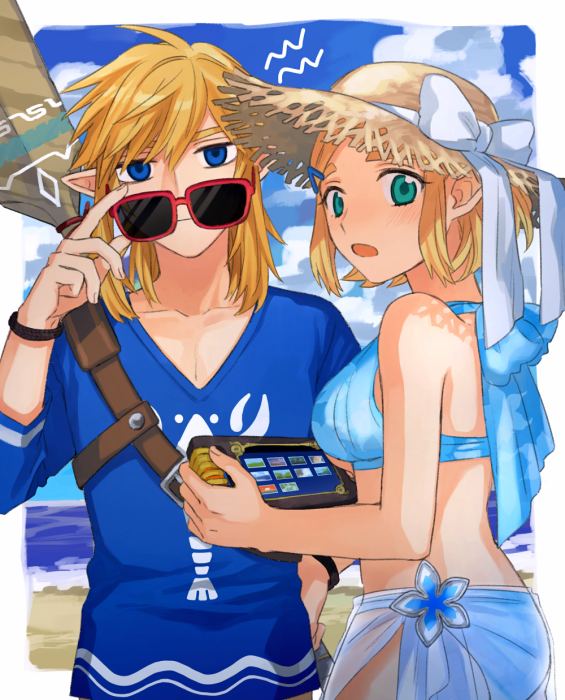 1boy 1girl adjusting_eyewear alternate_costume bangs bare_shoulders beach bikini blonde_hair blue_bikini blue_eyes blue_shirt blue_sky blush border bow bracelet breasts brown_headwear closed_mouth clouds collarbone commentary day green_eyes hair_ornament hair_ribbon hairclip hand_on_hip hand_up hat hat_bow head_tilt holding jewelry light_blush link long_sleeves looking_at_viewer looking_back medium_breasts notice_lines oar ocean open_mouth outdoors outside_border parted_bangs princess_zelda red-framed_eyewear ribbon sand sarong see-through sheikah_slate shijima_(4jima) shirt short_hair sidelocks sky straight-on straw_hat sun_hat sunglasses swimsuit the_legend_of_zelda the_legend_of_zelda:_breath_of_the_wild the_legend_of_zelda:_breath_of_the_wild_2 v-neck water weapon weapon_on_back white_border white_bow white_ribbon white_sarong