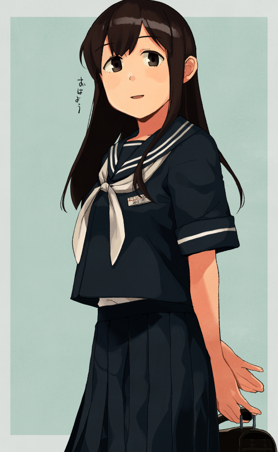 1girl akagi_(kancolle) alternate_costume bangs banned_artist blue_sailor_collar blue_serafuku blue_skirt breasts brown_eyes brown_hair holding kantai_collection long_hair looking_at_viewer makio_(makiomeigenbot) name_tag neckerchief parted_lips pleated_skirt sailor_collar school_uniform serafuku short_hair simple_background skirt small_breasts solo two-tone_background white_neckerchief