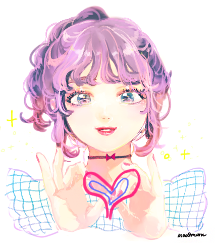 1girl artist_name blue_eyes choker hands_up heart lips lowres moo9mom multicolored_eyes multicolored_hair nail_polish original ponytail purple_hair solo wavy_hair white_background