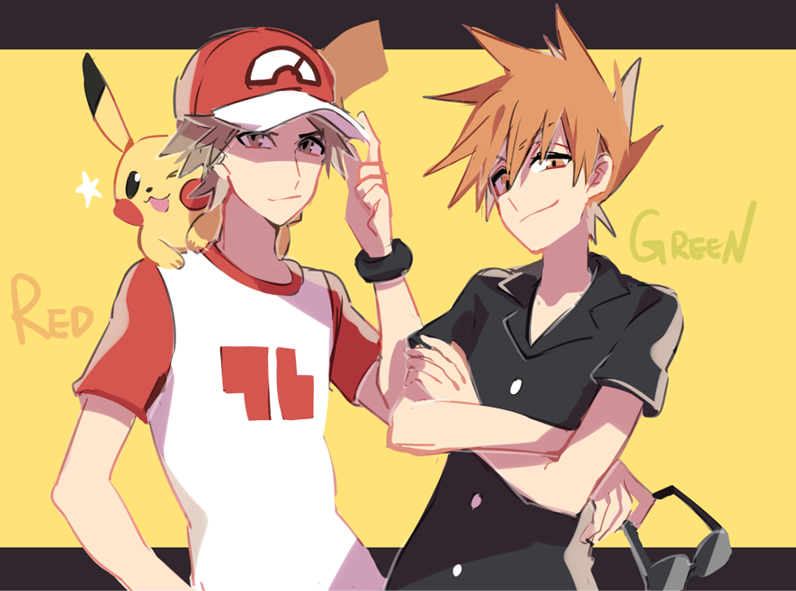 2boys bangs baseball_cap blue_oak bracelet brown_eyes brown_hair buttons character_name closed_mouth collared_shirt commentary_request crossed_arms eyewear_removed hand_on_headwear hat holding holding_eyewear huan_li jewelry male_focus multiple_boys pikachu pokemon pokemon_(creature) pokemon_(game) pokemon_on_back pokemon_sm red_(pokemon) red_headwear shirt short_hair short_sleeves smile spiky_hair sunglasses t-shirt yellow_background