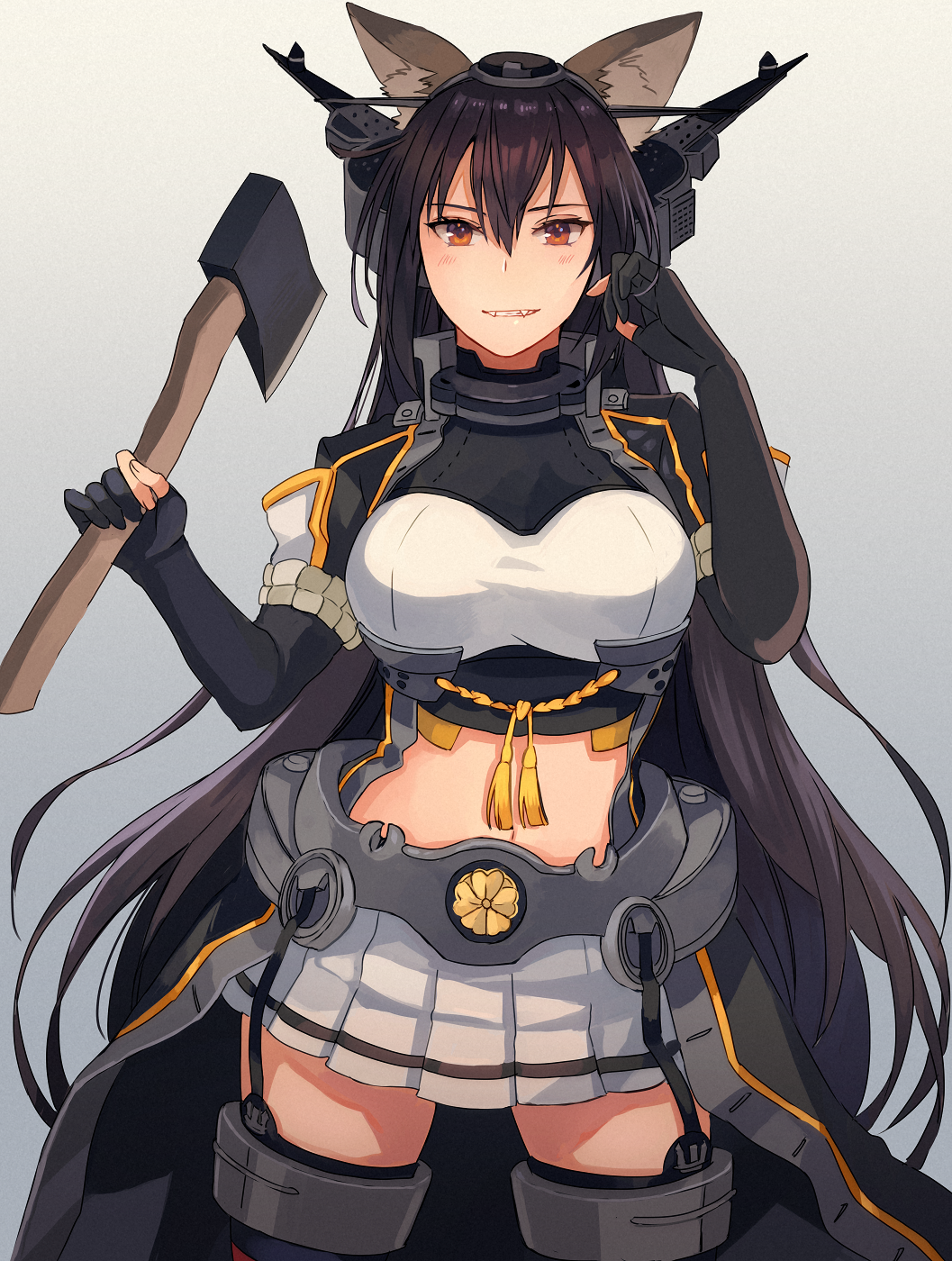 1girl animal_ears axe black_coat black_gloves black_hair blush breasts brown_eyes coat cowboy_shot elbow_gloves eyebrows_visible_through_hair fangs garter_straps gloves gradient gradient_background grin hair_between_eyes headgear highres holding holding_axe kantai_collection kasumi_(skchkko) large_breasts long_coat long_hair nagato_(kancolle) partially_fingerless_gloves pleated_skirt remodel_(kantai_collection) skirt smile solo white_skirt