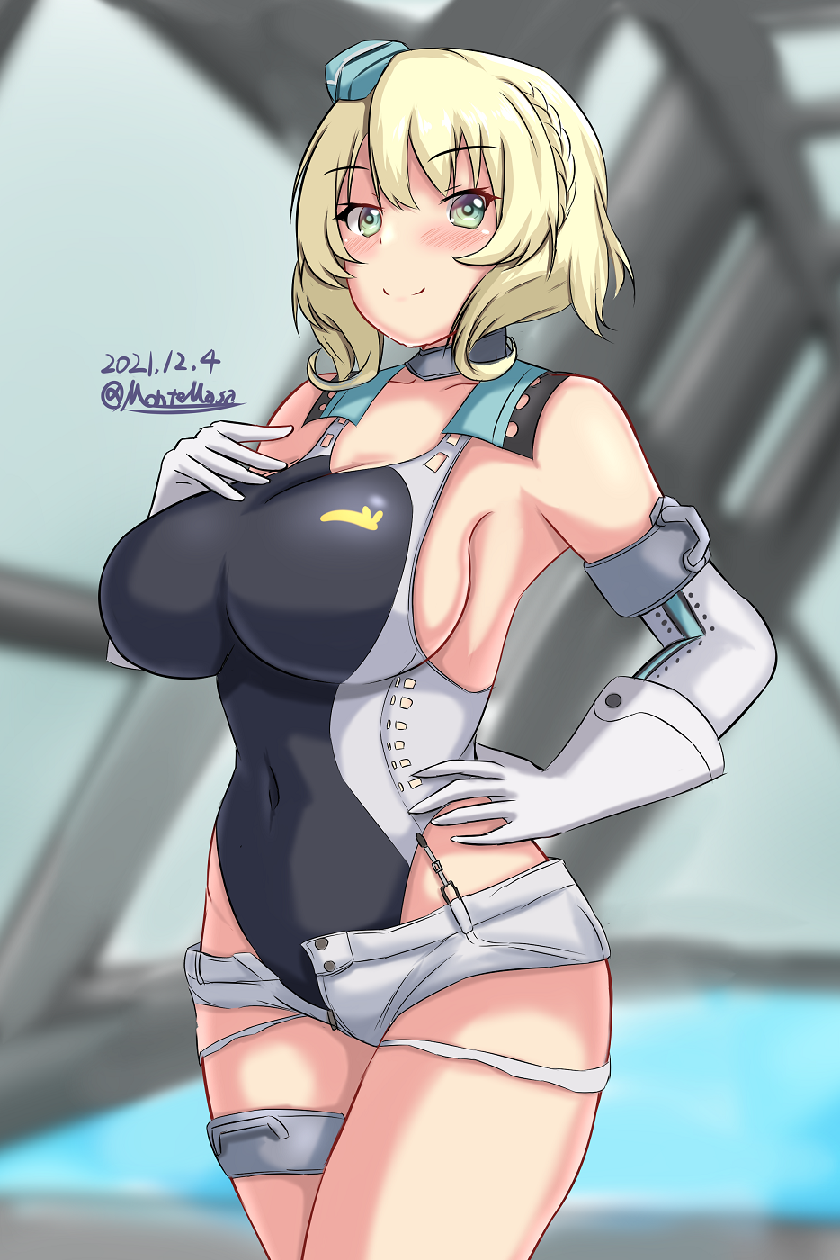 aqua_headwear black_swimsuit blonde_hair blue_eyes braid breasts choker colorado_(kancolle) competition_swimsuit cosplay cowboy_shot dated elbow_gloves eyebrows_visible_through_hair french_braid garrison_cap gloves hand_on_hip hand_on_own_chest hat highres indoors kantai_collection large_breasts looking_at_viewer montemasa multicolored_clothes one-piece_swimsuit rei_no_pool scamp_(kancolle) scamp_(kancolle)_(cosplay) short_hair short_shorts shorts smile swimsuit thigh_strap twitter_username white_gloves