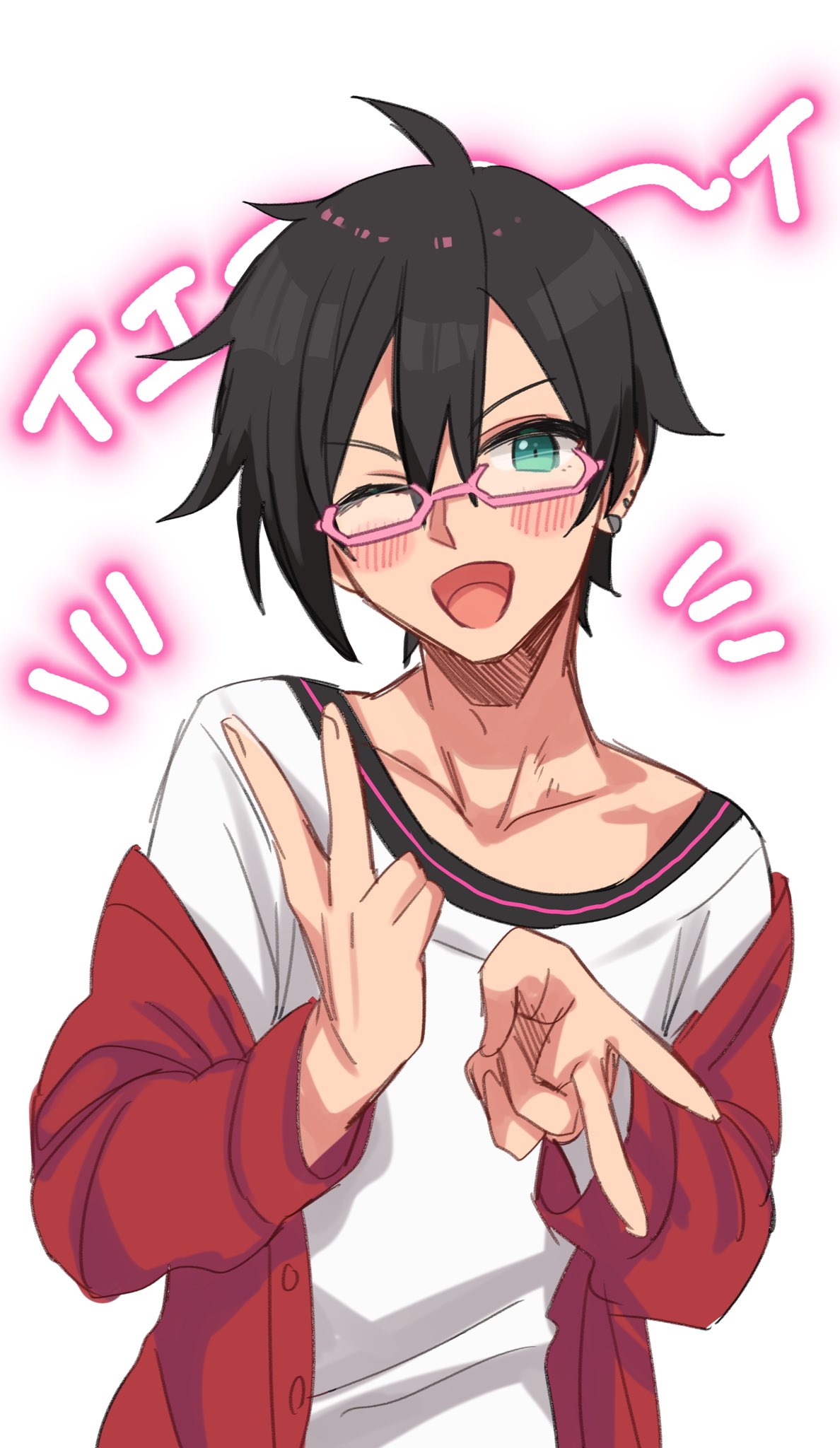 1boy ahoge asymmetrical_bangs bangs black_hair blush cardigan collarbone commentary_request ear_piercing glasses green_eyes hair_between_eyes hands_up highres idolmaster idolmaster_side-m iseya_shiki long_sleeves looking_at_viewer male_focus one_eye_closed open_mouth piercing pink-framed_eyewear red_cardigan saito_katuo semi-rimless_eyewear shirt short_hair smile solo text_background translation_request upper_body v v-shaped_eyebrows white_background white_shirt