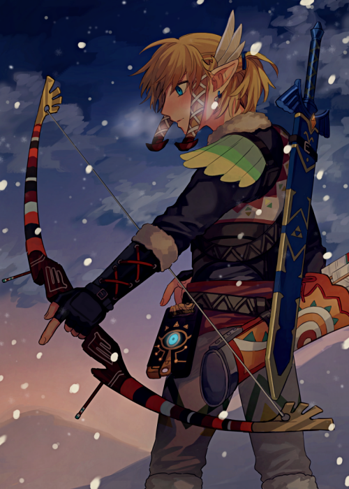 1boy arrow_(symbol) bangs belt blonde_hair blue_eyes blue_gloves blue_shirt blue_sky blush bow_(weapon) breath closed_mouth clouds commentary earrings feather_hair_ornament feathers fingerless_gloves from_side fur-trimmed_gloves fur-trimmed_pants fur_trim gloves gradient_sky hair_ornament hair_ribbon hair_tie hairclip holding holding_bow_(weapon) holding_weapon index_finger_raised jewelry link long_sleeves male_focus master_sword mountain night outdoors outstretched_arm pants pointy_ears ponytail profile quiver ribbon sheath sheathed sheikah_slate shijima_(4jima) shirt short_hair sky snowing snowquill_set_(zelda) solo standing sunset the_legend_of_zelda the_legend_of_zelda:_breath_of_the_wild tied_hair triforce weapon white_pants white_ribbon
