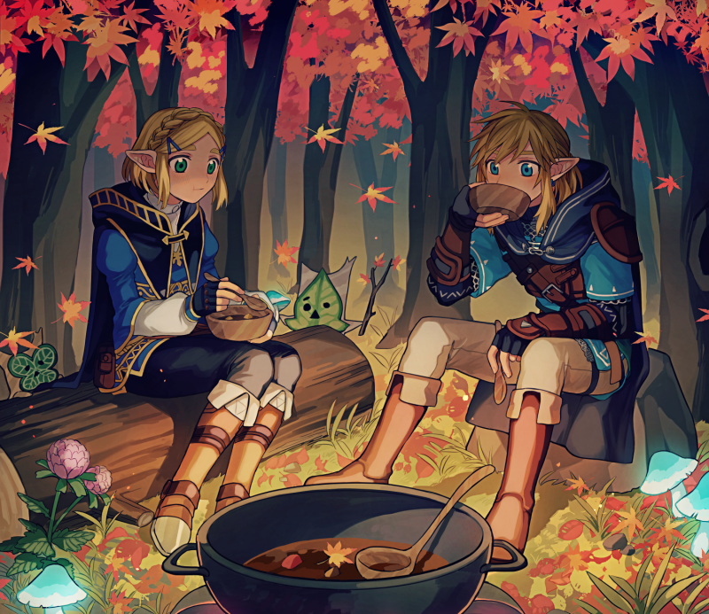 1boy 1girl :t armor autumn_leaves bangs black_gloves black_pants blonde_hair blue_cape blue_shirt blush boots bowl braid brown_footwear cape closed_mouth commentary crown_braid earrings eating fingerless_gloves flat_chest flower food forehead forest full_body gloves glowing grass green_eyes hair_ornament hairclip holding holding_bowl holding_food holding_spoon holding_stick hood hood_down jewelry juliet_sleeves knee_boots korok ladle layered_sleeves leaf light_blush link log long_sleeves maple_leaf mushroom nature night outdoors pants parted_bangs pink_flower pointy_ears pot pouch princess_zelda puffy_sleeves rock shijima_(4jima) shirt short_hair short_over_long_sleeves short_sleeves shoulder_armor sidelocks sitting spoon stew stick the_legend_of_zelda the_legend_of_zelda:_breath_of_the_wild the_legend_of_zelda:_breath_of_the_wild_2 tied_hair tree triforce undershirt white_pants