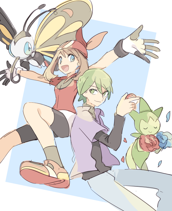 1boy 1girl :d bangs beautifly bike_shorts_under_skirt blue_eyes brown_hair closed_mouth collared_shirt commentary_request drew_(pokemon) eyebrows_visible_through_hair gloves green_eyes green_hair hand_up holding holding_poke_ball huan_li jacket may_(pokemon) medium_hair open_mouth outstretched_arms pants petals poke_ball pokemon pokemon_(anime) pokemon_(creature) pokemon_rse_(anime) purple_jacket red_bandana red_footwear red_shirt roselia shirt shoes short_hair short_sleeves skirt smile socks tongue white_skirt