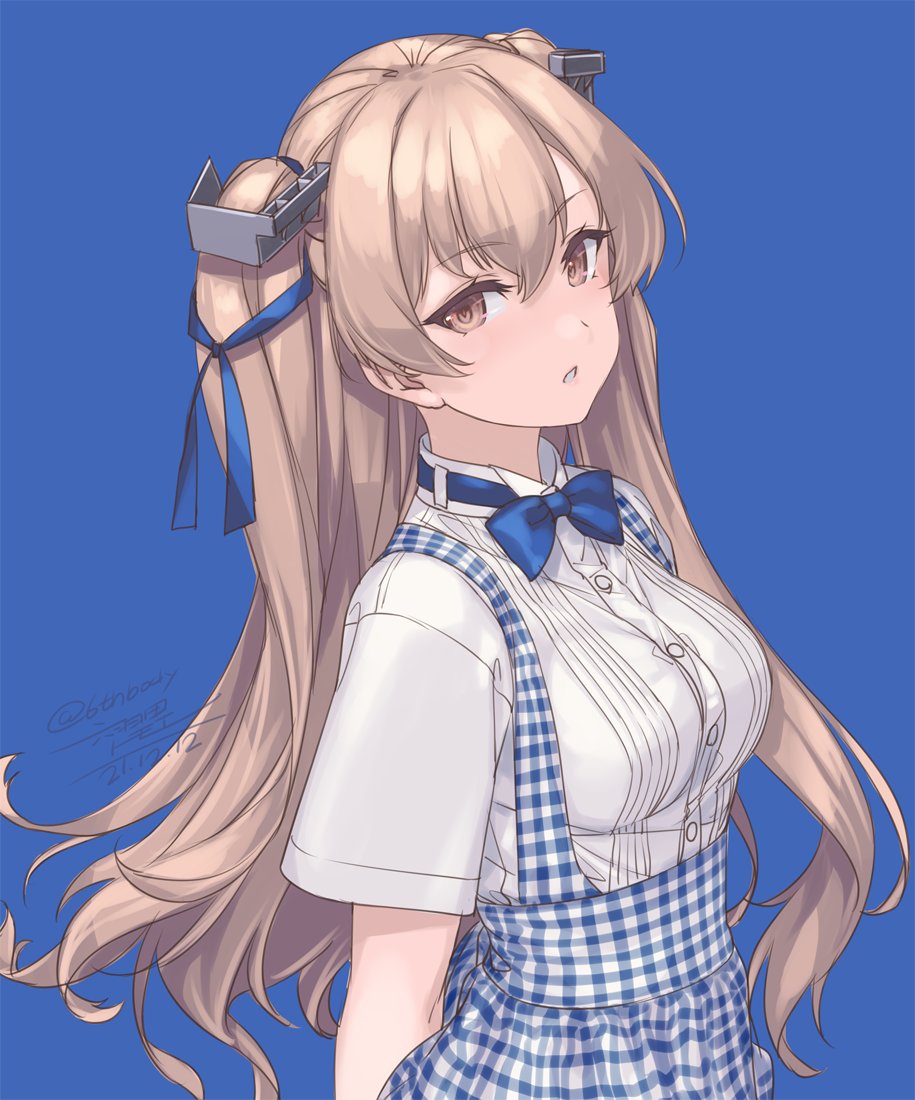 1girl apron arms_behind_back blue_background blue_bow blue_bowtie blue_ribbon bow bowtie brown_eyes brown_hair dated eyebrows_visible_through_hair gingham gingham_apron gingham_skirt hair_ribbon johnston_(kancolle) kantai_collection long_hair looking_at_viewer parted_lips ribbon rokuwata_tomoe shirt standing twintails twitter_username upper_body white_shirt