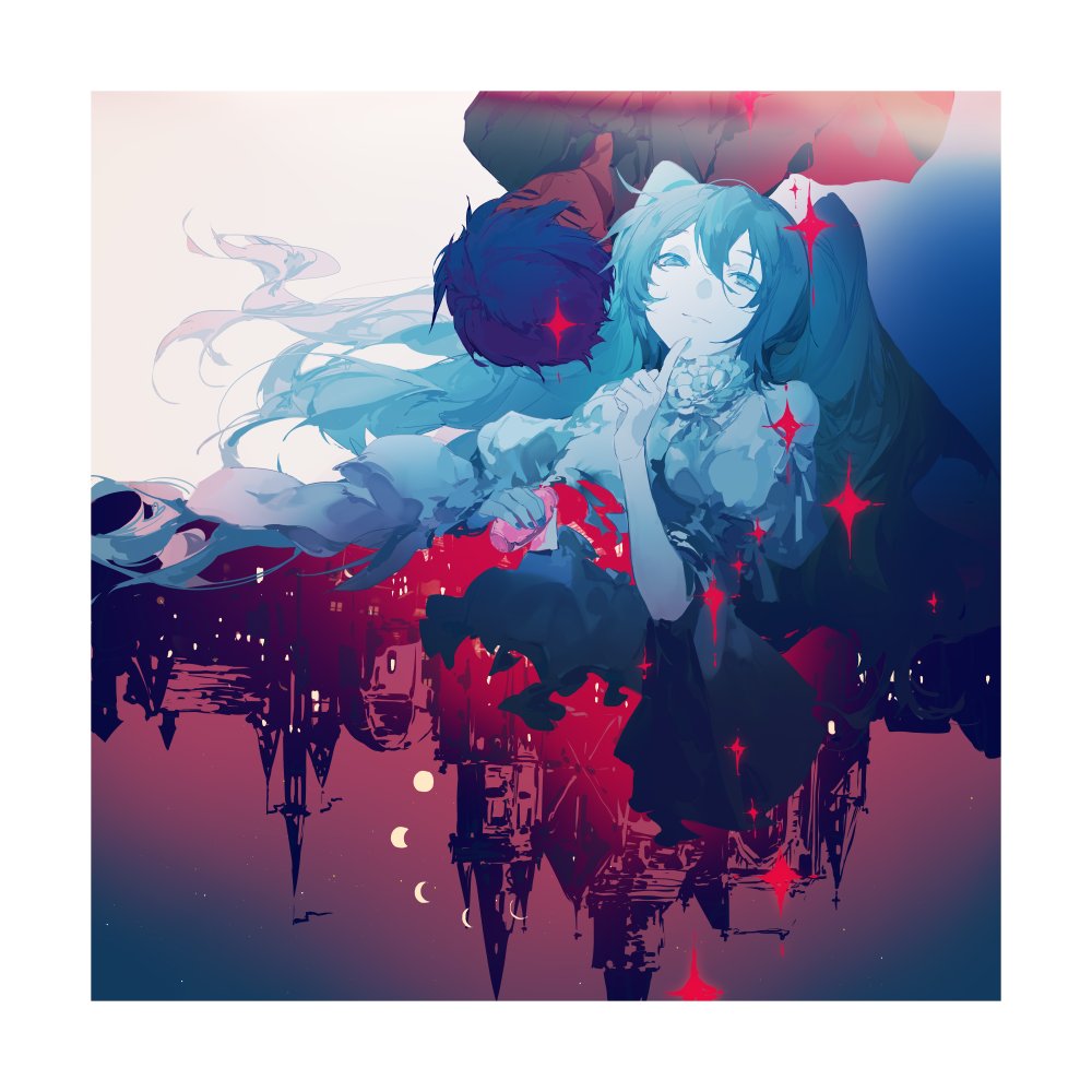 1boy 1girl arm_cutout blue_hair bottle building city_lights closed_eyes closed_mouth clothing_cutout crescent_moon dress dress_flower evil_smile evillious_nendaiki finger_to_mouth frilled_dress frills full_moon gibbous_moon gradient_sky half-closed_eyes half_moon hand_on_own_stomach holding holding_bottle kaito_(vocaloid) kaspar_blankenheim limited_palette looking_at_viewer lying margarita_blankenheim messy_hair moon moon_phases multiple_moons nemurase_hime_kara_no_okurimono_(vocaloid) new_moon night night_sky on_back pale_skin red_sky shoulder_cutout shushing sky smile solo_focus spencer_sais spilling star_(sky) twintails upside-down vocaloid wide_sleeves