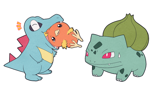 bright_pupils bulbasaur closed_eyes closed_mouth commentary_request fang fang_out jaho lowres mouth_hold notice_lines pokemon pokemon_(creature) standing sweatdrop toes torchic totodile transparent_background white_pupils