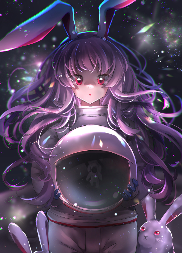 1girl 1other :o animal_ears chromatic_aberration lens_flare long_hair looking_down moon_rabbit pov rabbit rabbit_ears red_eyes reflection reisen_udongein_inaba solo_focus space space_helmet touhou very_long_hair violet_eyes zukapin