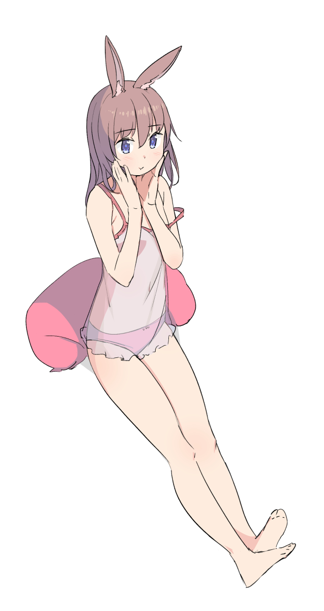 1girl :t animal_ear_fluff animal_ears bangs bare_arms bare_legs bare_shoulders barefoot blue_eyes blush brown_hair camisole closed_mouth cushion eyebrows_visible_through_hair full_body hair_between_eyes hands_up highres long_hair original panties pink_panties rabbit_ears saiste see-through simple_background sitting solo strap_slip underwear underwear_only white_background