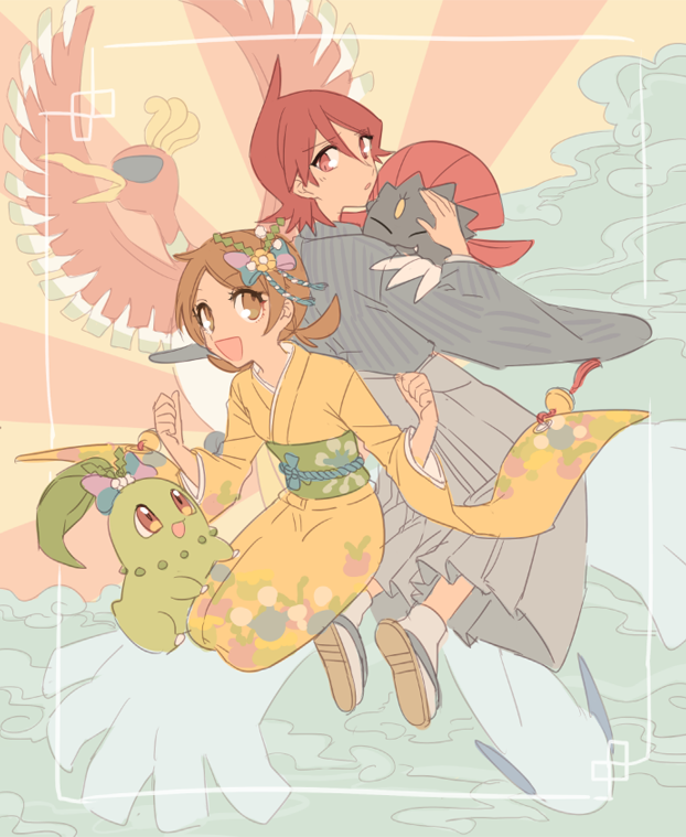 1boy 1girl :d alternate_costume bangs brown_eyes brown_hair chikorita clenched_hands commentary_request eyelashes framed grey_hakama hair_between_eyes hakama hands_up ho-oh holding holding_pokemon huan_li japanese_clothes kimono long_hair looking_back lugia lyra_(pokemon) pokemon pokemon_(creature) pokemon_(game) pokemon_hgss red_eyes redhead sandals sash silver_(pokemon) smile socks twintails w_arms weavile wide_sleeves yellow_kimono