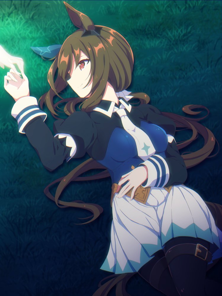 1girl 1other admire_vega_(umamusume) animal_ears bangs belt black_legwear black_shirt bodice breasts brown_eyes brown_hair closed_mouth collared_shirt glowing glowing_hand grass horse_ears horse_girl horse_tail juliet_sleeves long_sleeves looking_to_the_side lying necktie on_back out_of_frame ponytail puffy_sleeves setsura_(aowata35) shirt sideways_mouth skirt small_breasts smile solo_focus tail thigh_strap umamusume white_necktie white_skirt