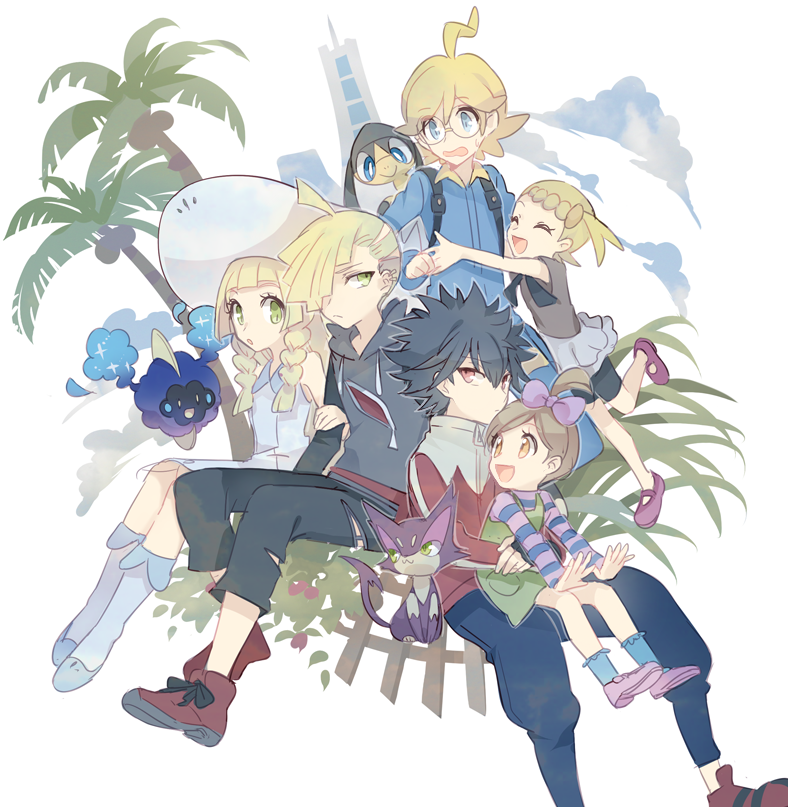 3boys 3girls ahoge arm_grab bangs bike_shorts black_hair blonde_hair blue_eyes blue_jumpsuit blue_legwear blunt_bangs bonnie_(pokemon) bow braid brother_and_sister brown_hair child clemont_(pokemon) closed_mouth collared_dress commentary_request cosmog dress fence gladion_(pokemon) glasses green_dress green_eyes hair_bow hair_over_one_eye hat helioptile hood hoodie huan_li hugh's_sister_(pokemon) hugh_(pokemon) jacket jumpsuit lillie_(pokemon) long_hair multiple_boys multiple_girls palm_tree pants pokemon pokemon_(creature) pokemon_(game) pokemon_bw2 pokemon_sm pokemon_xy purple_footwear purrloin red_footwear red_jacket see-through shirt shoes short_hair siblings sitting sleeveless sleeveless_dress socks spiky_hair striped striped_shirt sun_hat sundress torn_clothes torn_pants tree twin_braids white_dress white_headwear