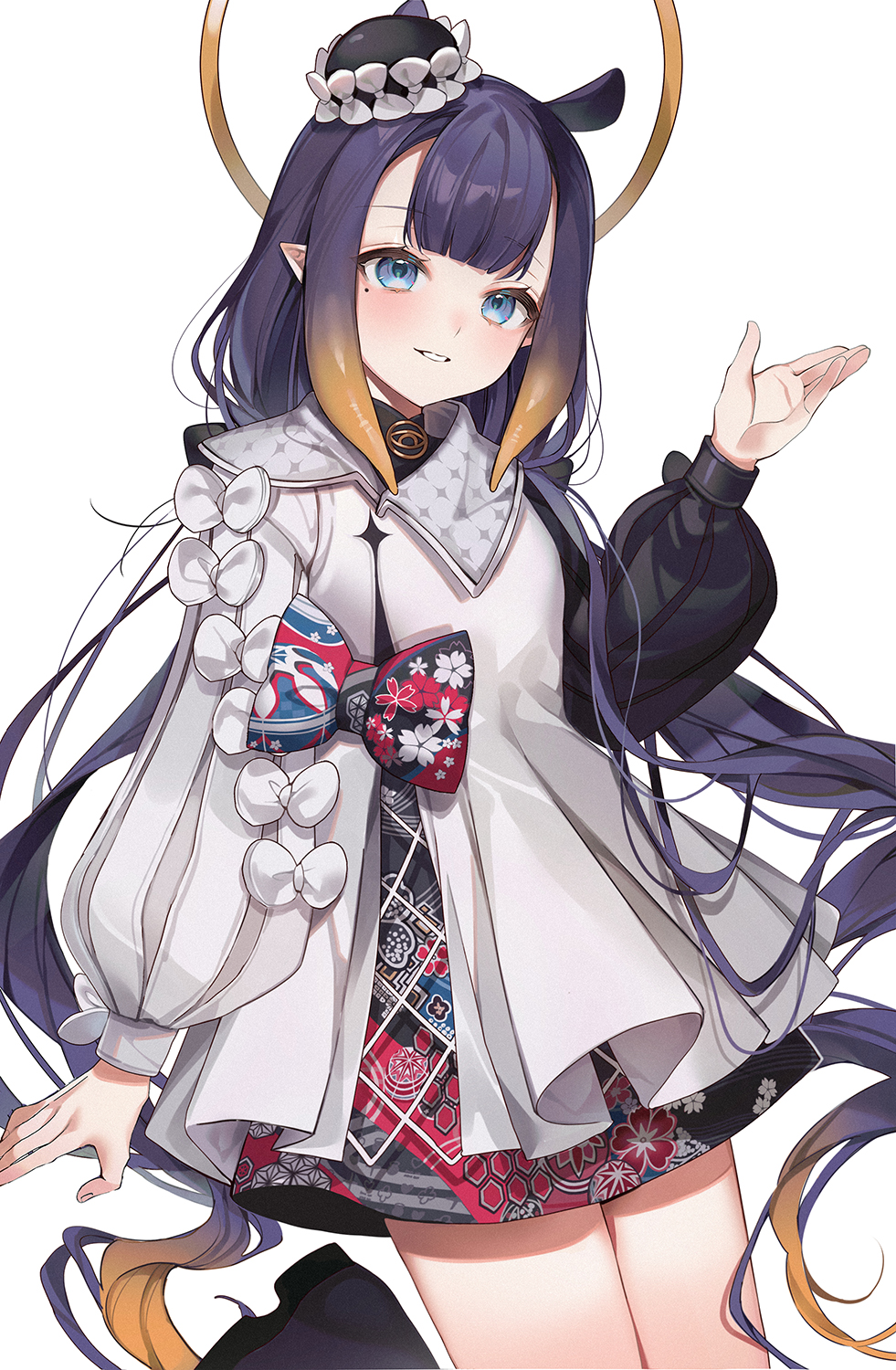 1girl arm_at_side back_bow bangs blue_bow blue_eyes bow brown_hair clothing_request commentary cowboy_shot floral_print hair_bow halo hand_up highres hololive hololive_english long_hair long_sleeves looking_at_viewer machi_(7769) md5_mismatch mole mole_under_eye multicolored_bow multicolored_hair ninomae_ina'nis official_alternate_costume parted_lips pointy_ears puffy_long_sleeves puffy_sleeves purple_hair red_bow smile solo teeth tentacle_hair tentacles virtual_youtuber white_bow