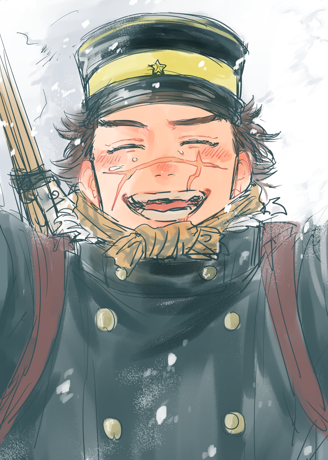 1boy :d ^_^ blush brown_hair closed_eyes golden_kamuy hat highres hituji_yerm kepi male_focus military_hat nipples official_alternate_costume scar scar_on_cheek scar_on_face scar_on_mouth scar_on_nose short_hair sideburns smile snow solo sugimoto_saichi unfinished winter_clothes