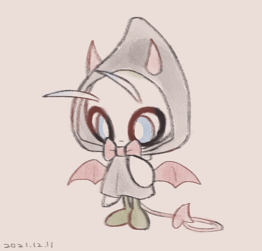 blue_eyes bow bright_pupils celebi closed_mouth clothed_pokemon coat commentary_request dated grey_coat hood hood_up hooded_coat leels looking_down no_humans pokemon pokemon_(creature) solo tail white_pupils wings