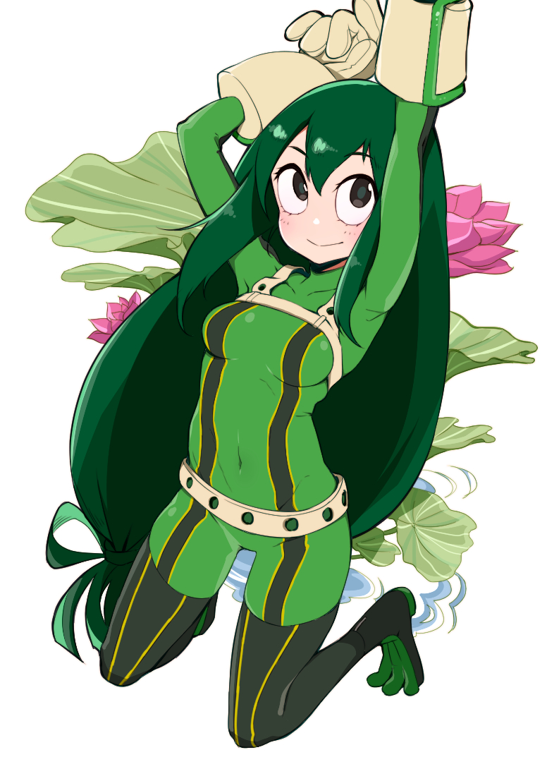 1girl :&gt; arms_up asui_tsuyu bodysuit boku_no_hero_academia bow_by_hair closed_mouth covered_navel frog_girl georugu13 gloves green_bodysuit green_eyes green_hair hair_rings lily_pad long_hair low-tied_long_hair simple_background smile solo superhero very_long_hair white_background