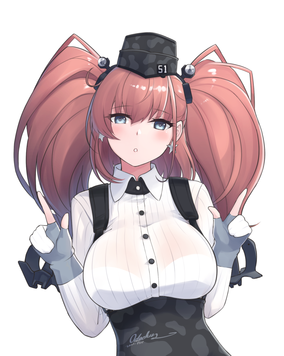 1girl artist_name atlanta_(kancolle) black_headwear black_skirt blush breasts brown_hair buttons collared_shirt earrings eyebrows_visible_through_hair garrison_cap gloves grey_eyes hair_between_eyes hat high-waist_skirt jewelry kantai_collection large_breasts long_hair long_sleeves odachu open_mouth partially_fingerless_gloves shirt signature simple_background skirt solo star_(symbol) star_earrings suspender_skirt suspenders two_side_up upper_body white_background white_shirt