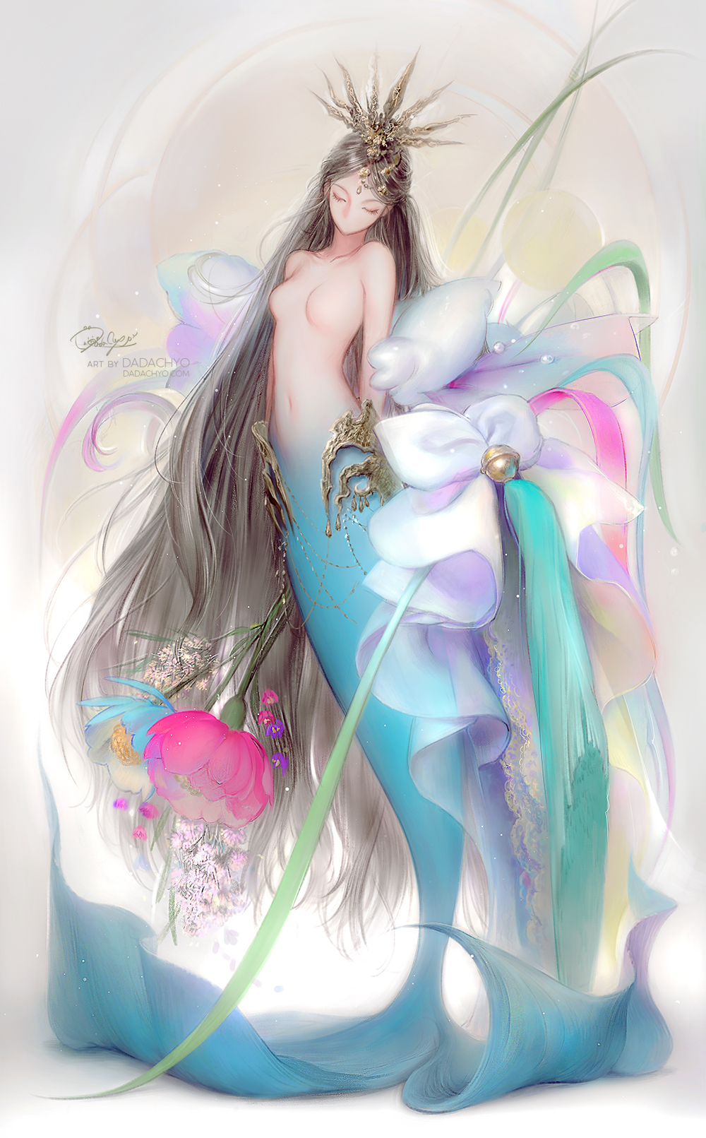 1girl armor arms_at_sides artist_name bell black_hair blue_flower bow breasts chain closed_eyes completely_nude dadachyo facing_viewer faulds flower forehead_jewel full_body headgear highres jingle_bell kneeless_mermaid long_hair mermaid monster_girl navel no_nipples nude original pink_flower solo straight_hair symbol-only_commentary tail_stand tassel very_long_hair white_bow