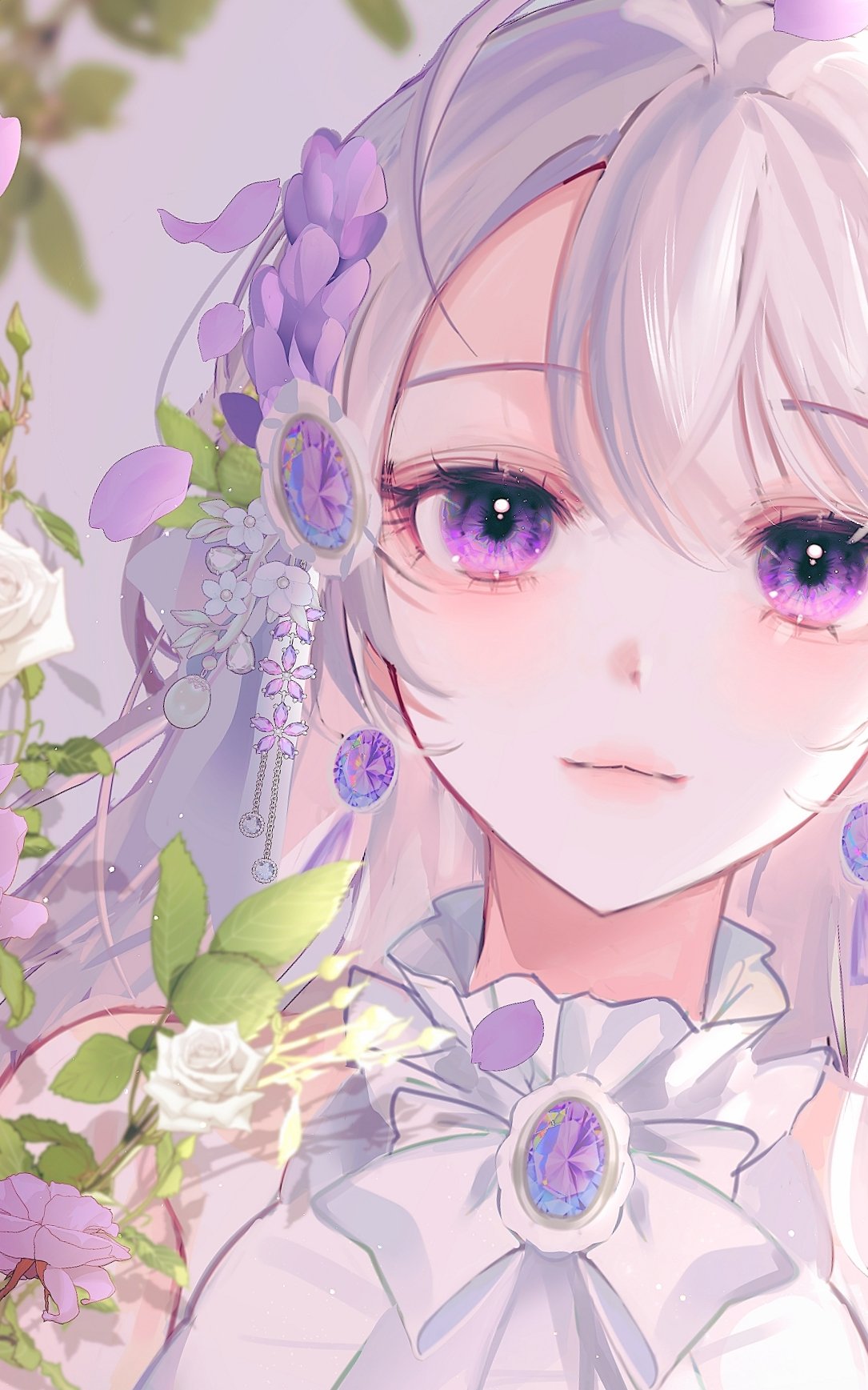 1girl blurry brooch depth_of_field eyelashes flower gem grey_background hair_flower hair_ornament highres jewelry light_smile long_hair looking_at_viewer moon_so_00 original petals plant portrait purple_flower rose smile solo symbol-only_commentary violet_eyes white_flower white_rose