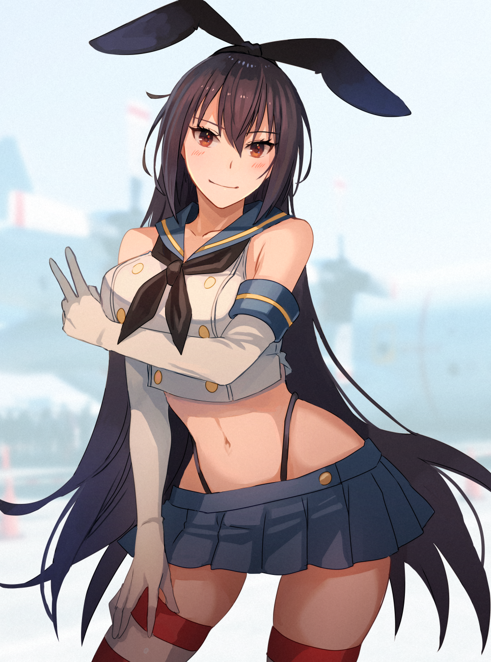 1girl bare_shoulders black_hair blue_skirt blush breasts closed_mouth collarbone cosplay cowboy_shot elbow_gloves gloves highres kantai_collection kasumi_(skchkko) large_breasts long_hair looking_at_viewer miniskirt nagato_(kancolle) navel outdoors pleated_skirt red_eyes sakura_ayane shimakaze_(kancolle) shimakaze_(kancolle)_(cosplay) shiny shiny_hair skirt smile solo striped striped_legwear thigh-highs thong voice_actor_connection