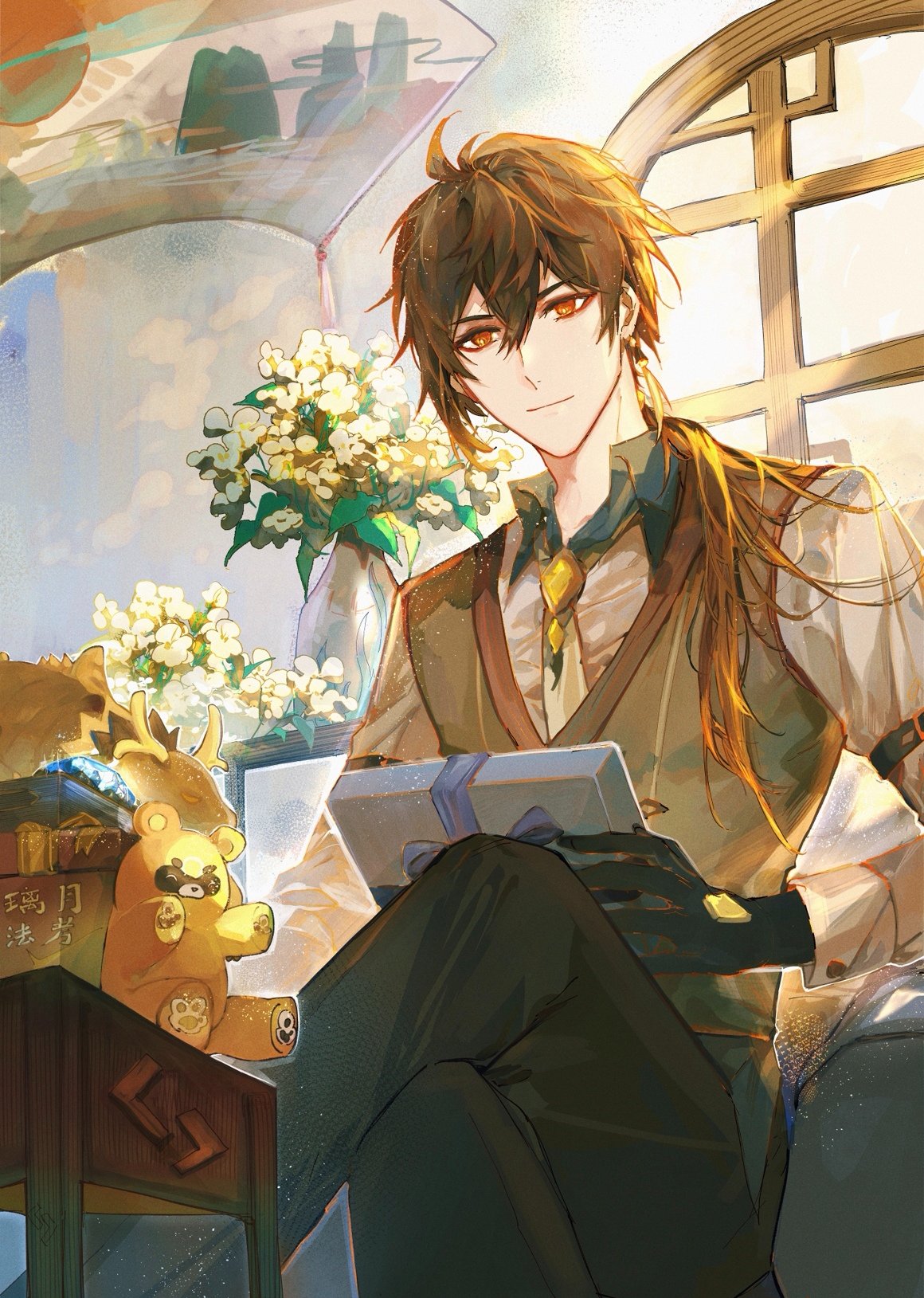 1boy :| bangs black_gloves book brown_hair chinese_commentary closed_mouth collared_shirt crossed_legs diamond-shaped_pupils diamond_(shape) doll earrings eyeliner eyeshadow flower foot_out_of_frame formal gem genshin_impact gift gloves gradient_hair guoba_(genshin_impact) hair_between_eyes hair_tie highres holding holding_gift indoors jewelry jiatingyue light long_hair long_sleeves looking_at_viewer makeup male_focus multicolored_hair necktie orange_hair painting_(object) panda pants ponytail red_eyeshadow rex_lapis_(genshin_impact) shirt sidelocks single_earring sitting solo suit symbol-shaped_pupils tassel tassel_earrings vase vest white_flower yellow_eyes zhongli_(genshin_impact)