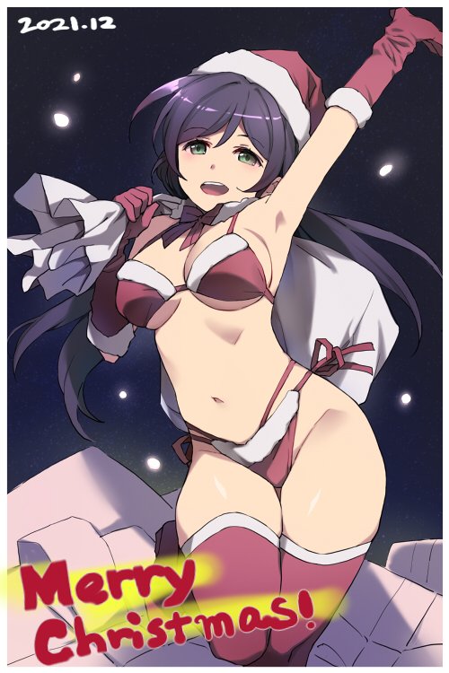 1girl :d arm_up bikini breasts christmas commentary_request dated duke_(inu_daimyou) eyebrows_visible_through_hair gloves green_eyes hat large_breasts long_hair looking_at_viewer love_live! love_live!_school_idol_project merry_christmas navel open_mouth purple_hair red_bikini red_gloves red_headwear red_legwear santa_hat side-tie_bikini smile solo swimsuit thigh-highs thighs toujou_nozomi