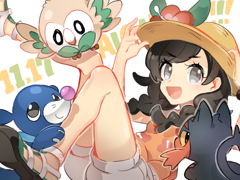 1girl :d bangs braid brown_hair commentary_request eyelashes flower green_footwear grey_eyes hands_on_headwear hat hat_flower huan_li litten long_hair open_mouth orange_shirt pokemon pokemon_(creature) pokemon_(game) pokemon_usum popplio red_flower rowlet selene_(pokemon) shirt shoes shorts sleeveless sleeveless_shirt smile starter_pokemon_trio tongue twin_braids white_shorts