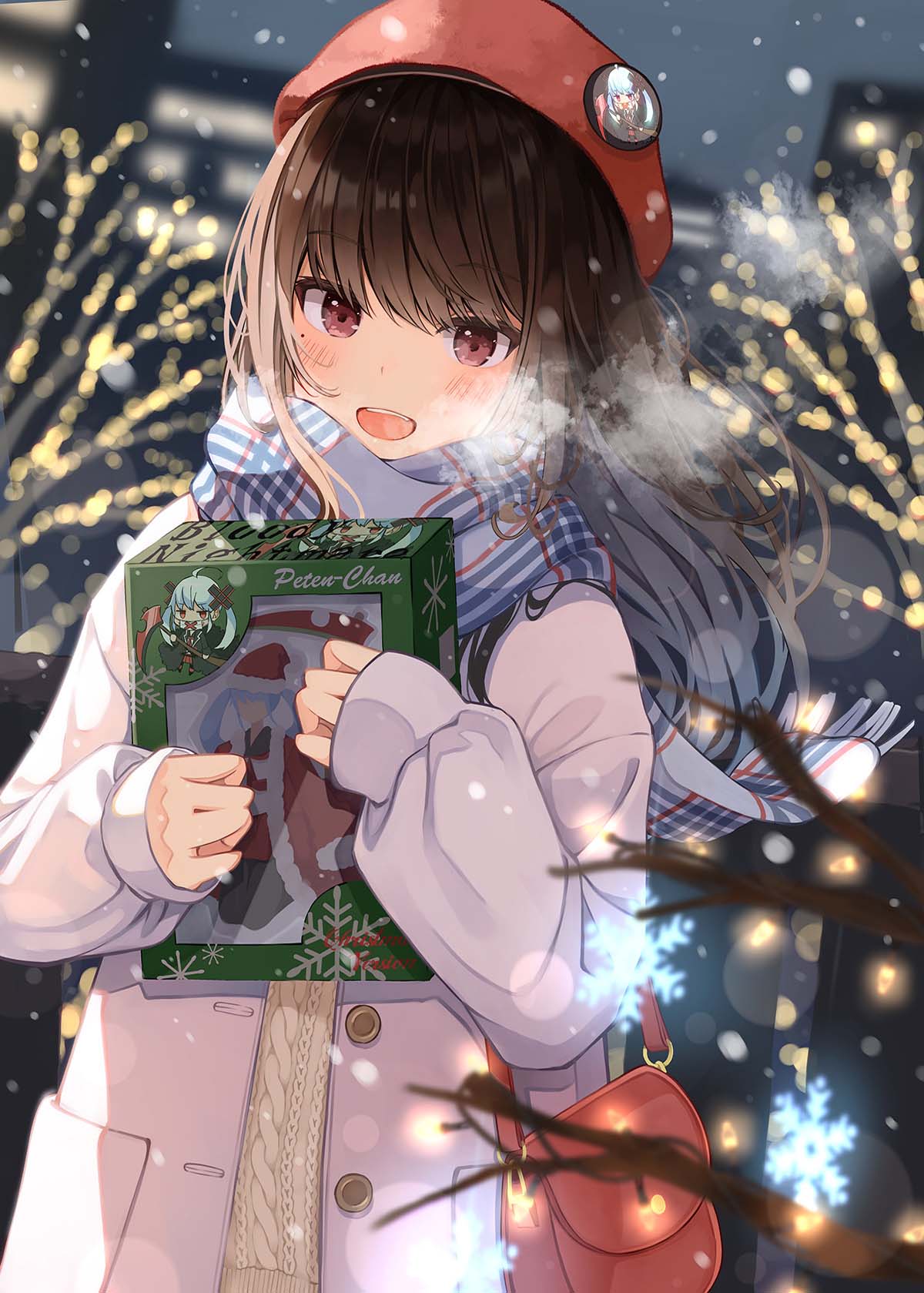 1girl :d aran_sweater badge bag bangs beret blurry blurry_background blurry_foreground blush branch breath brown_eyes brown_hair brown_sweater button_badge commentary_request depth_of_field eyebrows_visible_through_hair hat highres jacket long_hair long_sleeves niichi_(komorebi-palette) open_clothes open_jacket original outdoors puffy_long_sleeves puffy_sleeves red_headwear shoulder_bag sleeves_past_wrists smile snowflakes snowing solo sweater teeth upper_body upper_teeth very_long_hair white_jacket