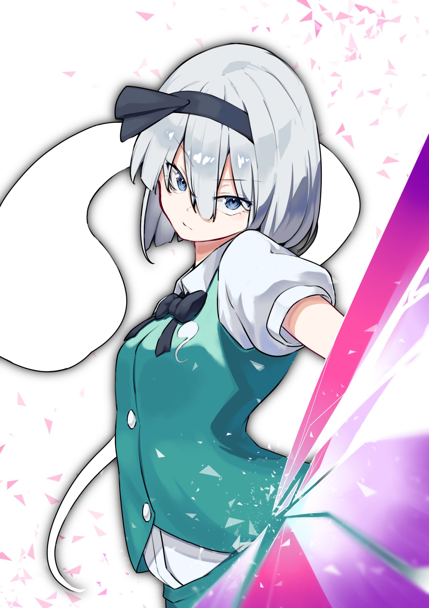 1girl arm_up bangs black_bow black_bowtie black_hairband blue_eyes bow bowtie breasts buttons closed_mouth collar collared_shirt eyebrows_visible_through_hair eyes_visible_through_hair garasuno ghost ghost_print green_skirt green_vest grey_hair hair_between_eyes hairband hand_up highres konpaku_youmu konpaku_youmu_(ghost) looking_at_viewer medium_breasts puffy_short_sleeves puffy_sleeves shirt short_hair short_sleeves simple_background skirt solo standing touhou triangle vest white_background white_shirt