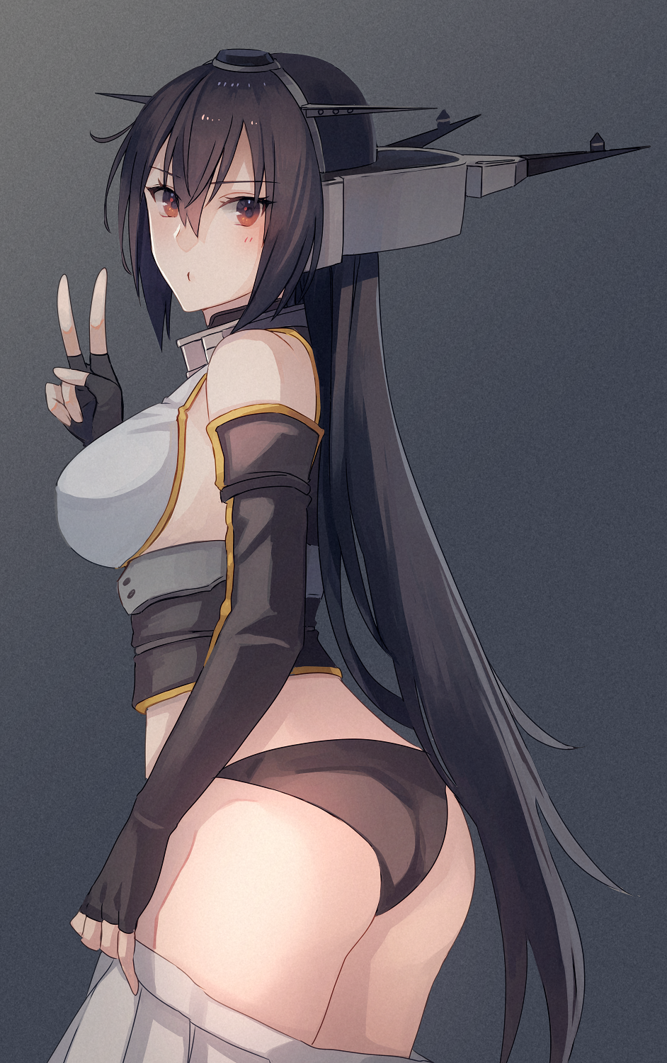 1girl ass black_gloves black_hair black_panties blush breasts clothes_pull cowboy_shot elbow_gloves eyebrows_visible_through_hair fingerless_gloves gloves hair_between_eyes headgear highres kantai_collection kasumi_(skchkko) large_breasts long_hair looking_at_viewer nagato_(kancolle) panties pleated_skirt red_eyes skirt skirt_pull solo underwear v white_skirt