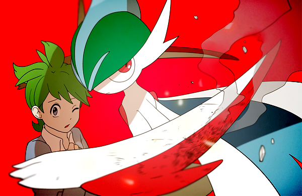 1boy bangs blurry cardigan collared_shirt commentary_request gallade green_hair grey_cardigan grey_eyes hand_up jaho male_focus mega_gallade mega_pokemon one_eye_closed pokemon pokemon_(creature) pokemon_(game) pokemon_oras red_background shirt short_hair simple_background wally_(pokemon) white_shirt