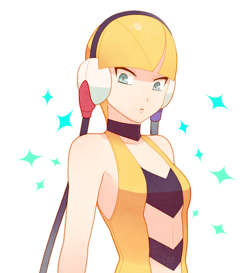 1girl bangs bare_arms blonde_hair blunt_bangs closed_mouth collarbone commentary_request elesa_(pokemon) green_eyes headphones jaho pokemon pokemon_(game) pokemon_bw shiny shiny_hair short_hair simple_background sleeveless solo sparkle upper_body white_background