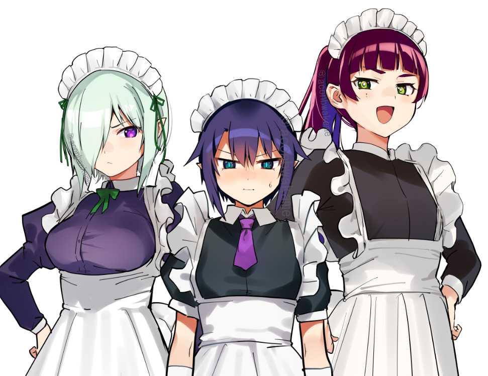 2girls 3girls :&lt; alternate_costume blue_eyes blue_hair blush breasts closed_mouth druj_(jahy) elbow_gloves enmaided eyebrows_visible_through_hair flat_chest gloves green_hair hair_over_one_eye hands_on_hips jahy-sama_wa_kujikenai! jinguu_kyouko konbu_wakame large_breasts long_hair long_sleeves looking_at_viewer maid maid_headdress mole mole_under_eye multiple_girls necktie open_mouth pointy_ears ponytail puffy_long_sleeves puffy_short_sleeves puffy_sleeves purple_necktie redhead salwa_(jahy) short_hair short_sleeves smile twitter_username violet_eyes white_gloves yellow_eyes