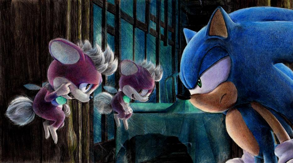 2boys animal_nose annoyed chip_(sonic) colored_pencil_(medium) derivative_work floating furry furry_male gloves green_eyes male_focus mirror multiple_boys rasein reflection screencap_redraw sonic_(series) sonic_the_hedgehog sonic_world_adventure traditional_media white_gloves