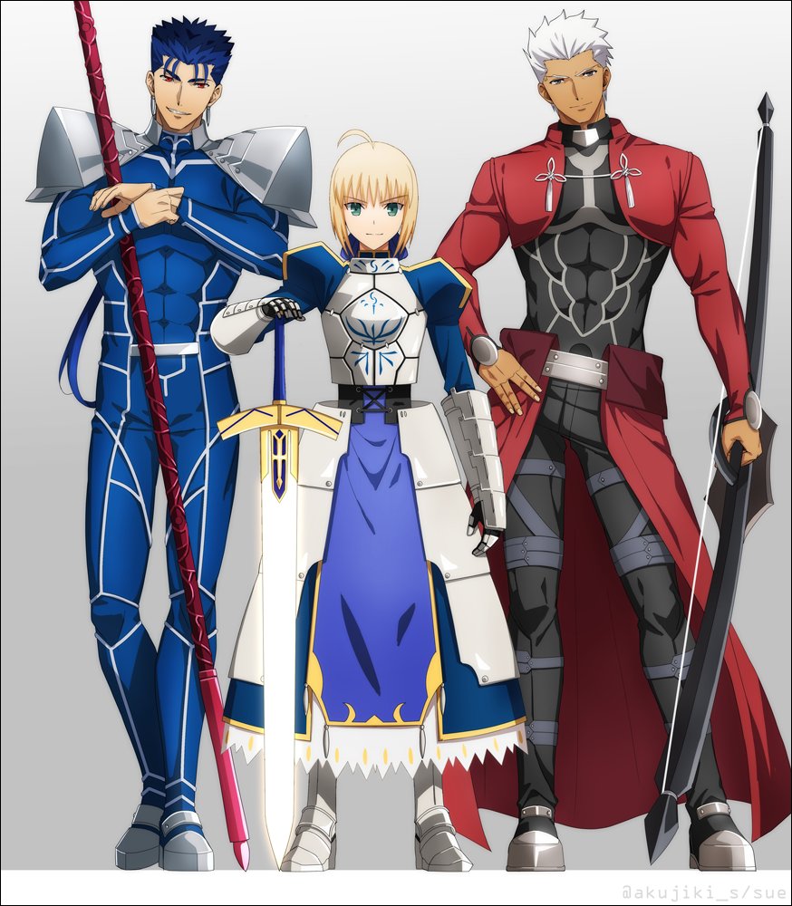 2boys1girl ahoge akujiki59 archer_(fate) armor armored_dress artoria_pendragon_(fate) blonde_hair blue_hair bow_(weapon) cu_chulainn_(fate) cu_chulainn_(fate/stay_night) dark-skinned_male dark_skin earrings excalibur_(fate/stay_night) fate/grand_order fate/stay_night fate_(series) gae_bolg_(fate) gauntlets green_eyes holding jewelry long_hair looking_at_viewer multiple_boys polearm ponytail red_eyes saber short_hair smile spear sword weapon white_hair