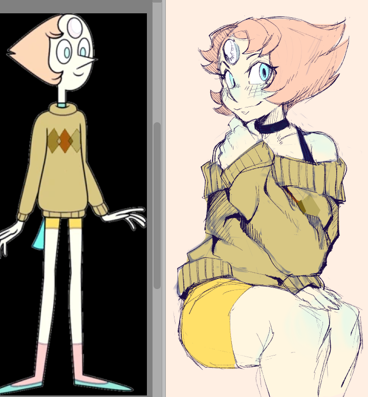 1girl animification black_choker blue_eyes blush bra_strap brown_sweater choker collarbone forehead_jewel ink_(ink01_) off-shoulder_sweater off_shoulder pearl_(steven_universe) reference_inset short_hair shorts smile steven_universe sweater thick_thighs thighs yellow_shorts