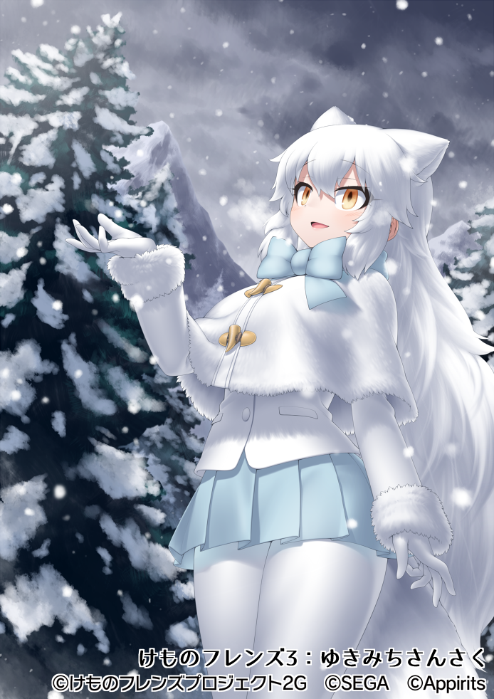 1girl :d arctic_fox_(kemono_friends) bangs blue_bow blue_bowtie blue_skirt bow bowtie capelet clouds cloudy_sky coat commentary_request day extra_ears eyebrows_visible_through_hair fir_tree fur-trimmed_coat fur_trim gloves hair_between_eyes kemono_friends kemono_friends_3 long_hair long_sleeves looking_away mountain official_art open_mouth orange_eyes outdoors pantyhose pleated_skirt skirt sky smile snow snowing solo tree very_long_hair white_capelet white_coat white_gloves white_hair white_legwear yoshida_hideyuki