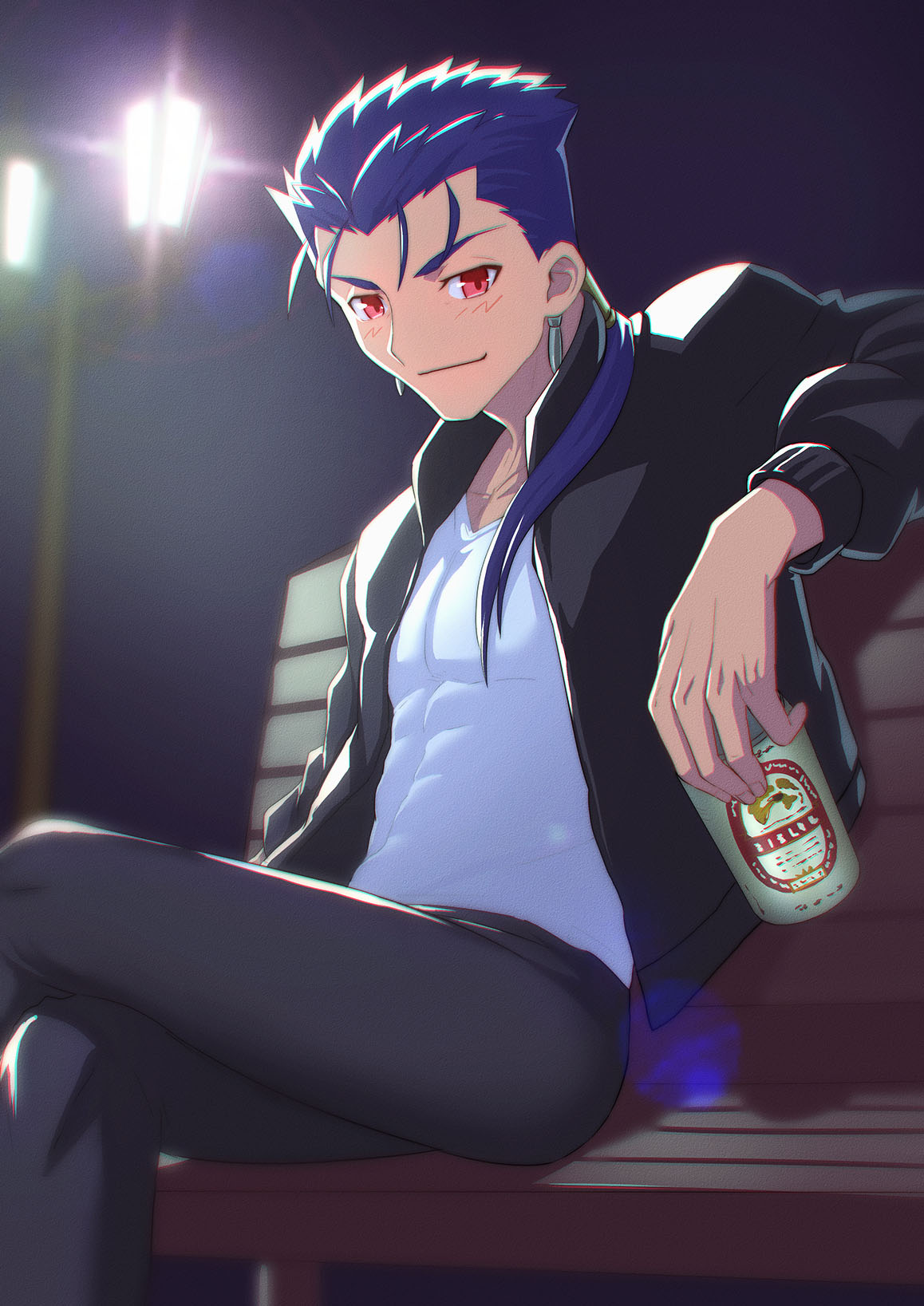 1boy abs beer_can bench black_jacket black_pants blue_hair can cu_chulainn_(caster)_(fate) cu_chulainn_(fate) earrings fate_(series) highres holding jacket jewelry lamppost long_hair looking_at_viewer male_focus moto_(otemoto02) pants park park_bench red_eyes shirt smile solo spiky_hair v-neck white_shirt