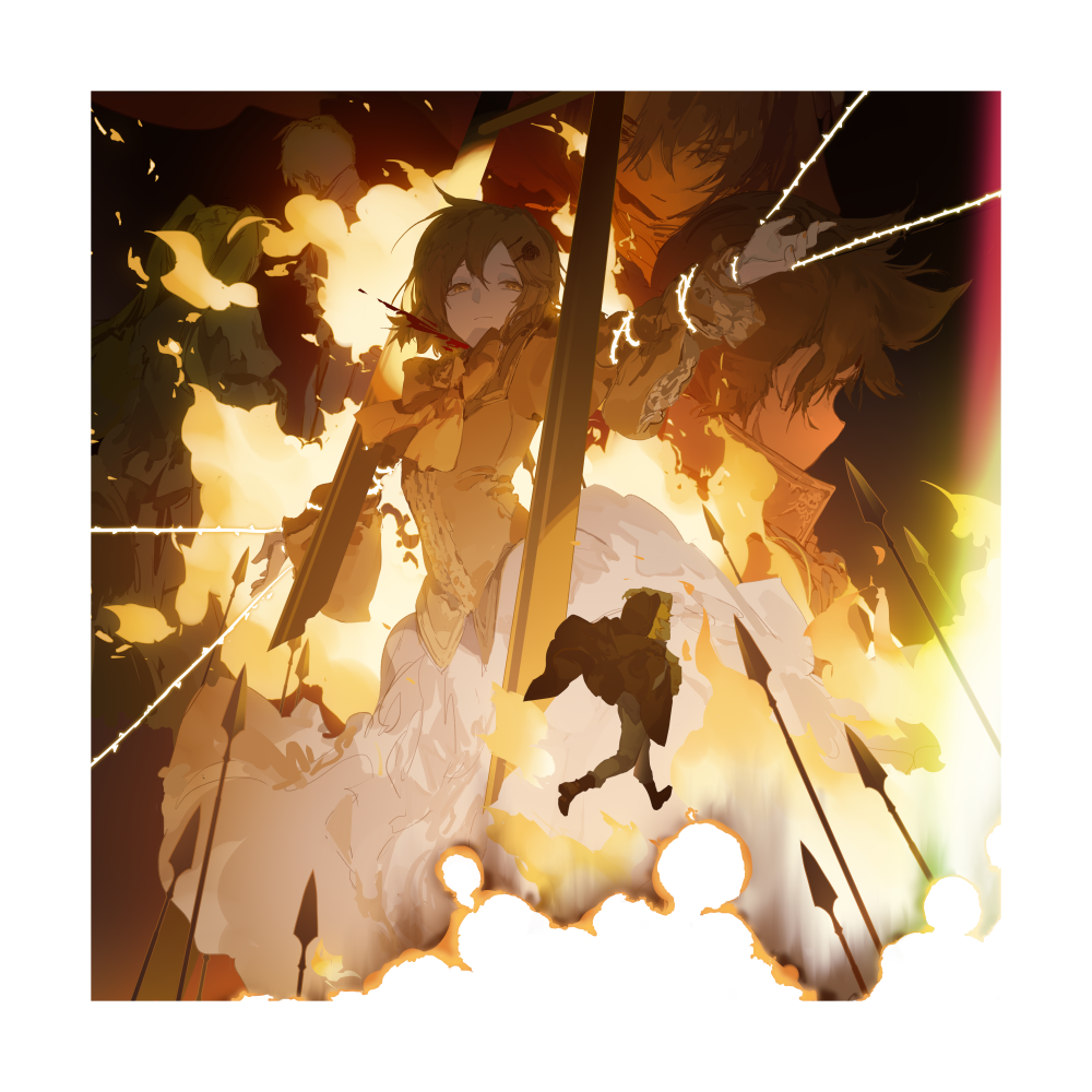 aku_no_meshitsukai_(vocaloid) aku_no_musume_(vocaloid) allen_avadonia blonde_hair blood blood_spray bound bound_wrists bow burning cloak dress_bow dress_flower evillious_nendaiki fiery_background fire fleeing germaine_avadonia guillotine hatsune_miku hood hooded_cloak kagamine_len kagamine_rin kaito_(vocaloid) kyle_marlon meiko michaela_(evillious_nendaiki) polearm riliane_lucifen_d'autriche spear spencer_sais thorns vocaloid weapon yellow_eyes