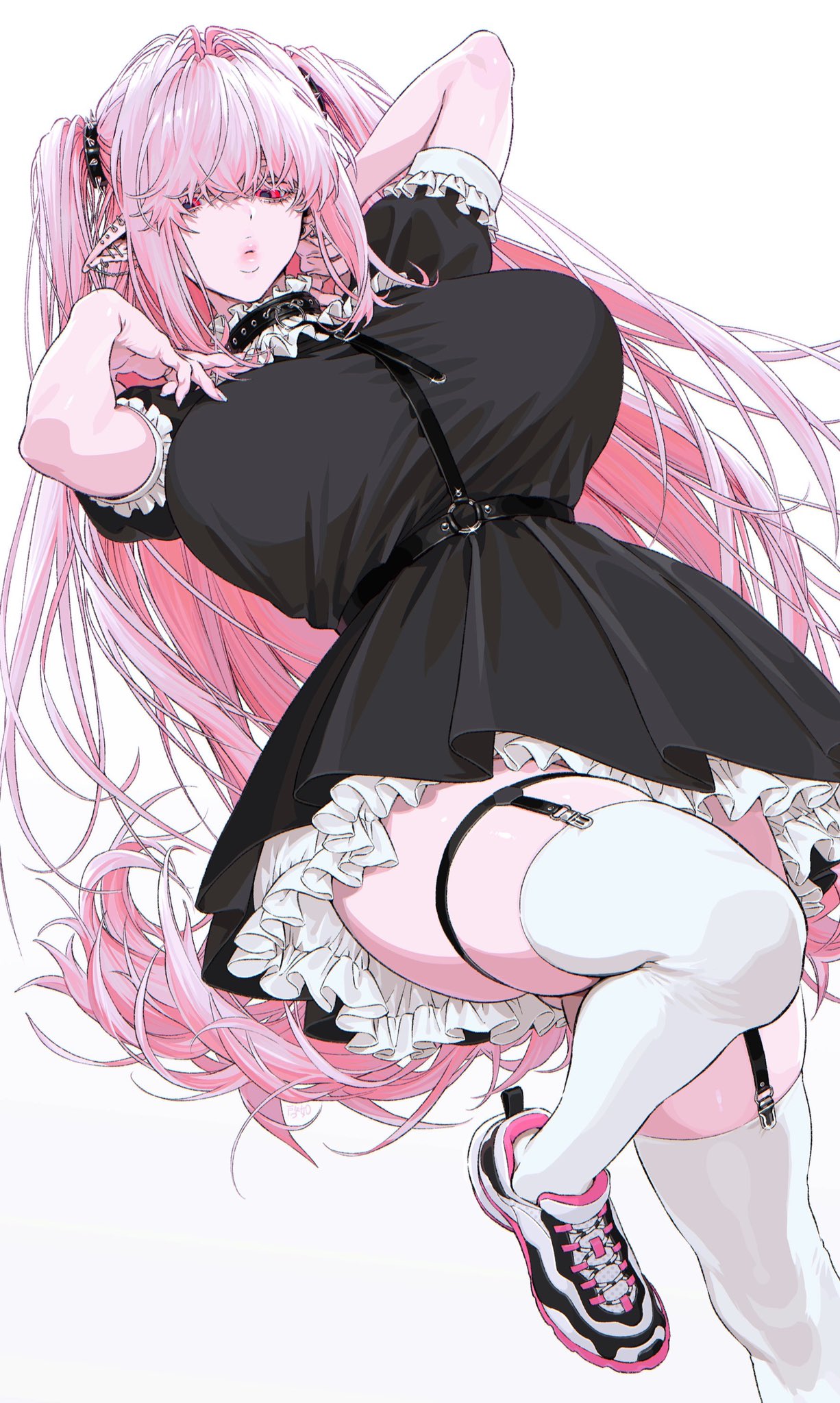 1girl arm_up black_collar breasts collar ear_piercing earrings fingernails frills highres jewelry large_breasts long_hair lying o-ring o-ring_collar on_back original parted_lips piercing pink_eyes pink_hair pink_lips puffy_sleeves shoes simple_background skindentation sneakers solo spikes thigh-highs twintails very_long_hair white_background white_legwear zkstxxx