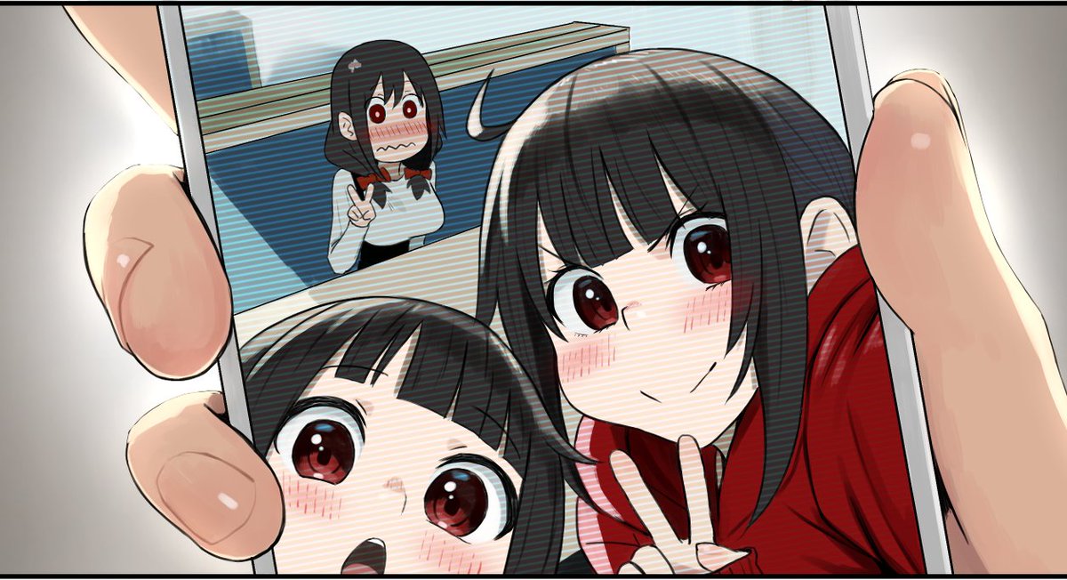 3girls age_difference ahoge bangs blunt_bangs blush bow breasts brown_hair commentary_request eyebrows_visible_through_hair hair_bow holding holding_phone hood hood_down hoodie indoors izawa_koushi komekko kono_subarashii_sekai_ni_shukufuku_wo! large_breasts megumin multiple_girls phone red_bow red_hoodie selfie shiny shiny_hair siblings sisters smile table teeth upper_teeth v wavy_mouth yunyun_(konosuba)