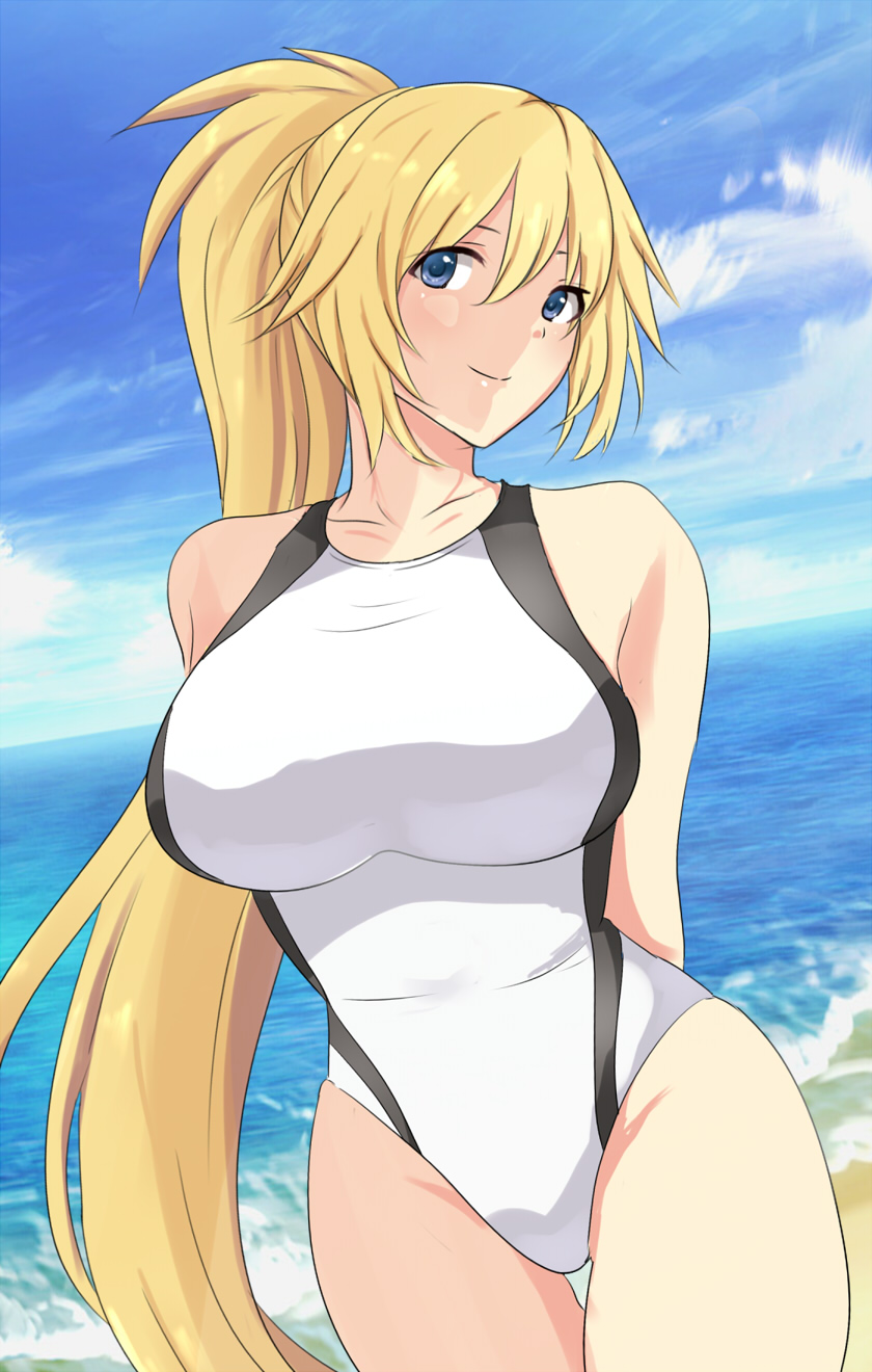1girl arm_behind_back beach blonde_hair blue_eyes breasts competition_swimsuit cowboy_shot dutch_angle fate/apocrypha fate/grand_order fate_(series) highres horizon jeanne_d'arc_(fate) jeanne_d'arc_(fate/apocrypha) jeanne_d'arc_(swimsuit_archer)_(fate) large_breasts long_hair ocean one-piece_swimsuit pachio ponytail solo swimsuit waves white_swimsuit