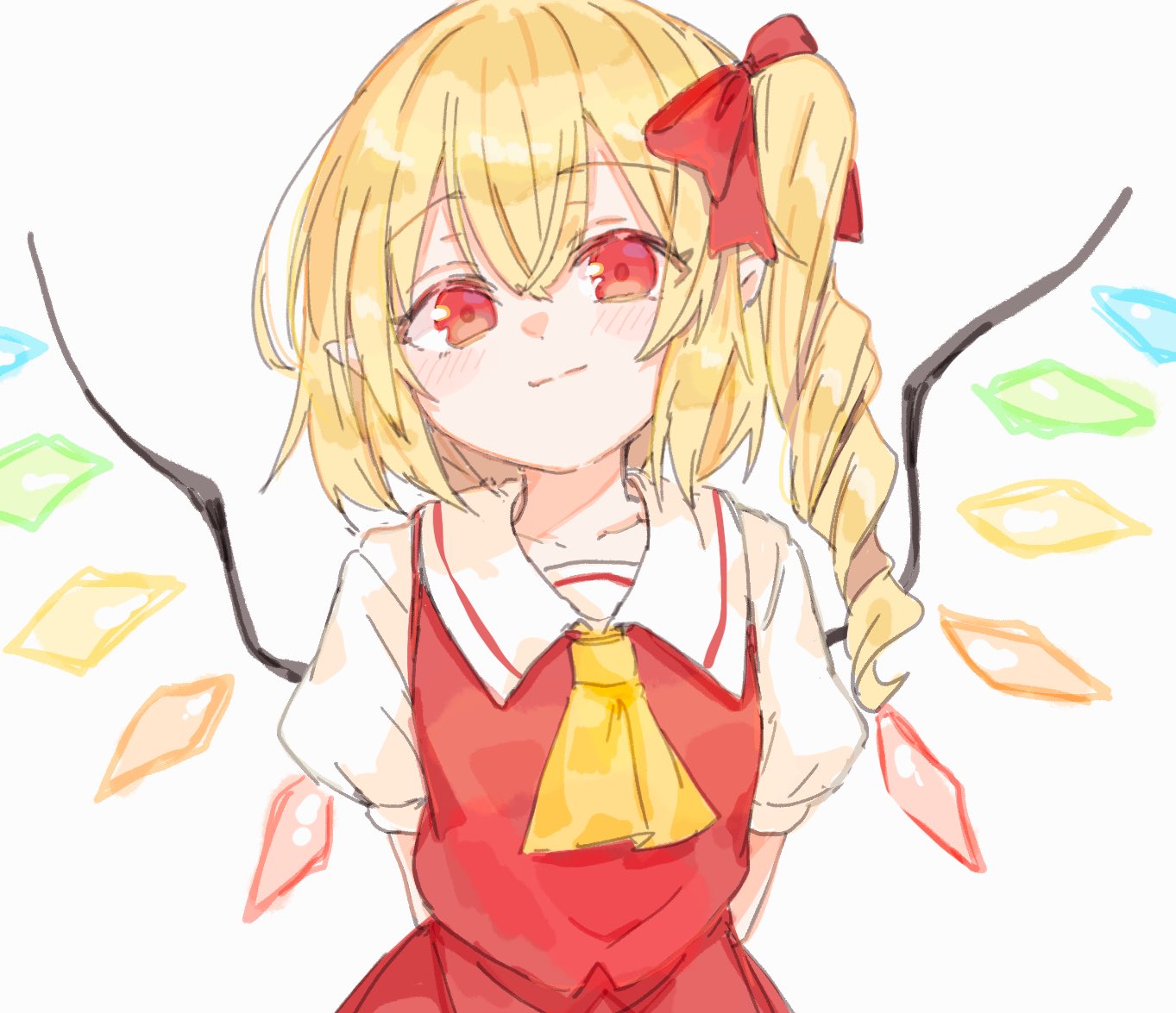 1girl arms_behind_back ascot bangs blonde_hair bow closed_mouth crystal drill_hair eyebrows_visible_through_hair flandre_scarlet hair_bow looking_at_viewer no_hat no_headwear one_side_up paragasu_(parags112) pointy_ears red_bow red_eyes red_skirt red_vest shirt short_hair_with_long_locks short_sleeves simple_background skirt solo touhou upper_body vest white_background white_shirt wings yellow_ascot