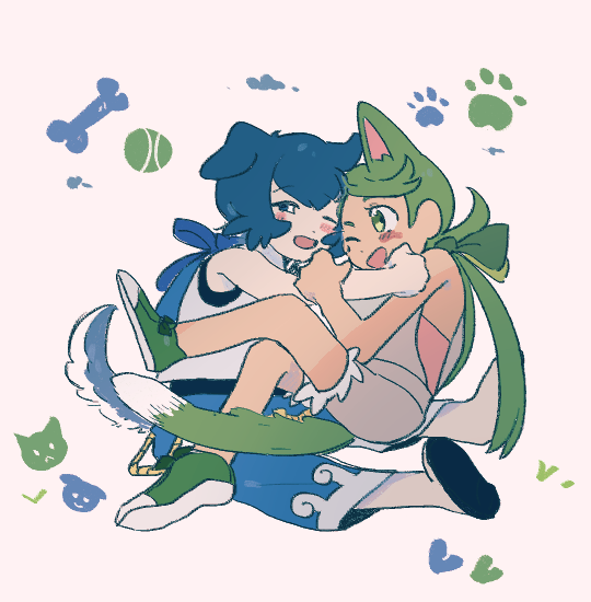 2girls ;d animal_ears bangs blue_eyes blue_hair blue_pants blush bright_pupils capri_pants commentary_request dark-skinned_female dark_skin flip-flops green_eyes green_footwear green_hair grey_overalls korean_commentary lana_(pokemon) long_hair mallow_(pokemon) multiple_girls nin_no41 no_sclera one-piece_swimsuit one_eye_closed open_mouth overalls pants paw_print pink_shirt pokemon pokemon_(game) pokemon_sm sandals shirt shoes short_hair sitting sleeveless sleeveless_shirt smile swept_bangs swimsuit swimsuit_under_clothes tail wave_print white_background white_pupils