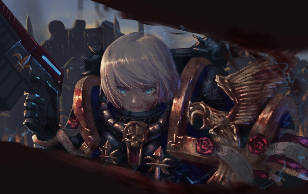 1girl adepta_sororitas armor black_armor black_gloves blood blood_in_hair blood_on_face blue_eyes bolter fr_(frrrr) gloves gun holding holding_gun holding_weapon looking_at_viewer short_hair smile warhammer_40k weapon white_hair