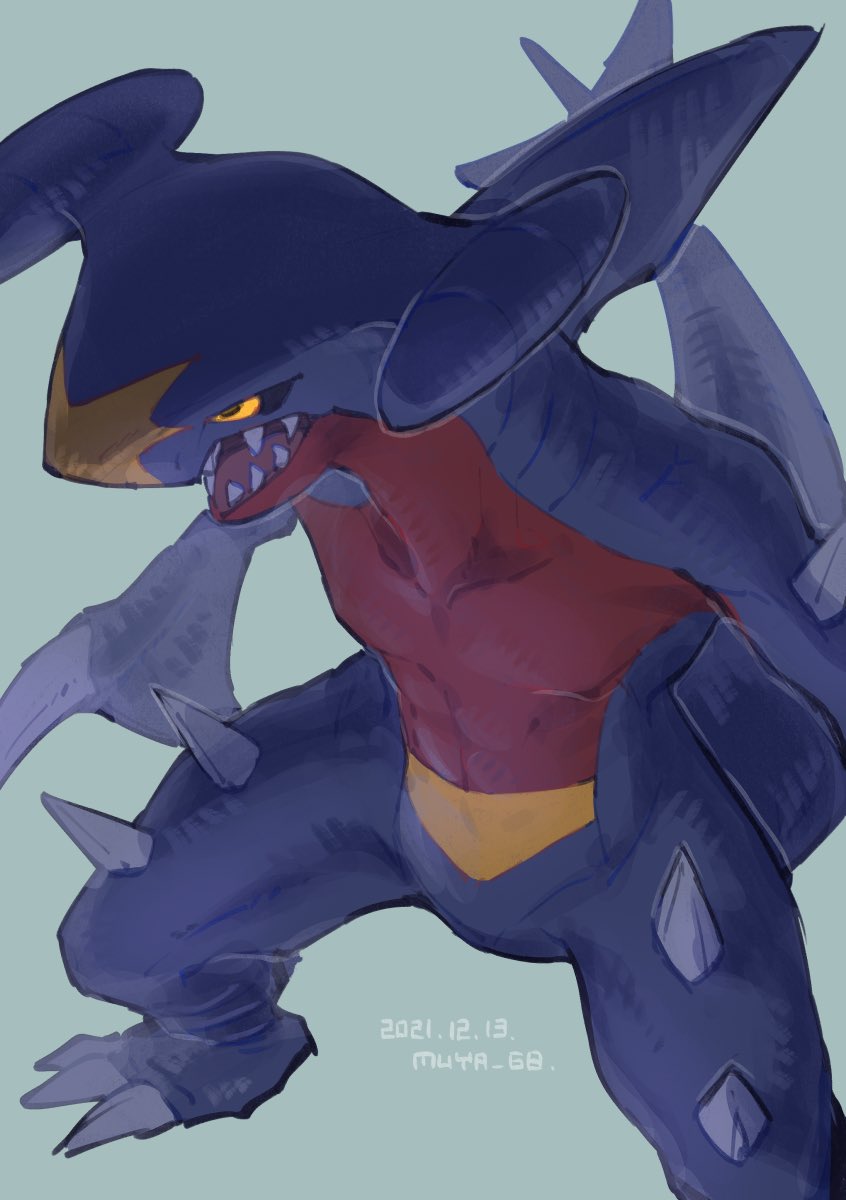 black_sclera colored_sclera commentary_request dated garchomp highres no_humans open_mouth pokemon pokemon_(creature) sharp_teeth skyloop19 solo spikes standing teeth tongue twitter_username yellow_eyes