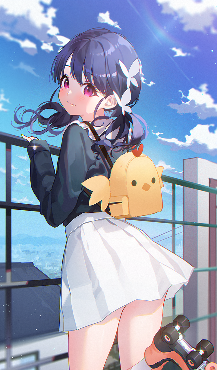 1girl animal_bag backpack bag bangs black_shirt blue_sky butterfly_hair_ornament closed_mouth clouds commentary_request day eyebrows_visible_through_hair fang fang_out fukumaru_koito hair_ornament hand_up highres idolmaster idolmaster_shiny_colors kuri_choko long_hair long_sleeves looking_at_viewer looking_back low_twintails orange_footwear outdoors pleated_skirt railing roller_skates shirt shoe_soles skates skirt sky sleeves_past_wrists smile solo standing standing_on_one_leg twintails violet_eyes white_skirt